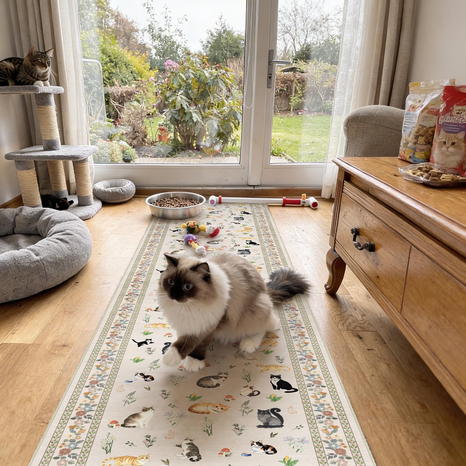 2x5 Washable Kitchen Runner Rug - Soft Low Pile Floral Animal Cat Print Rugs with Non-Slip Backing Waterproof Stain-Resistant Indoor Carpet for Hallway Entryway Bathroom Bedroom (Black)
