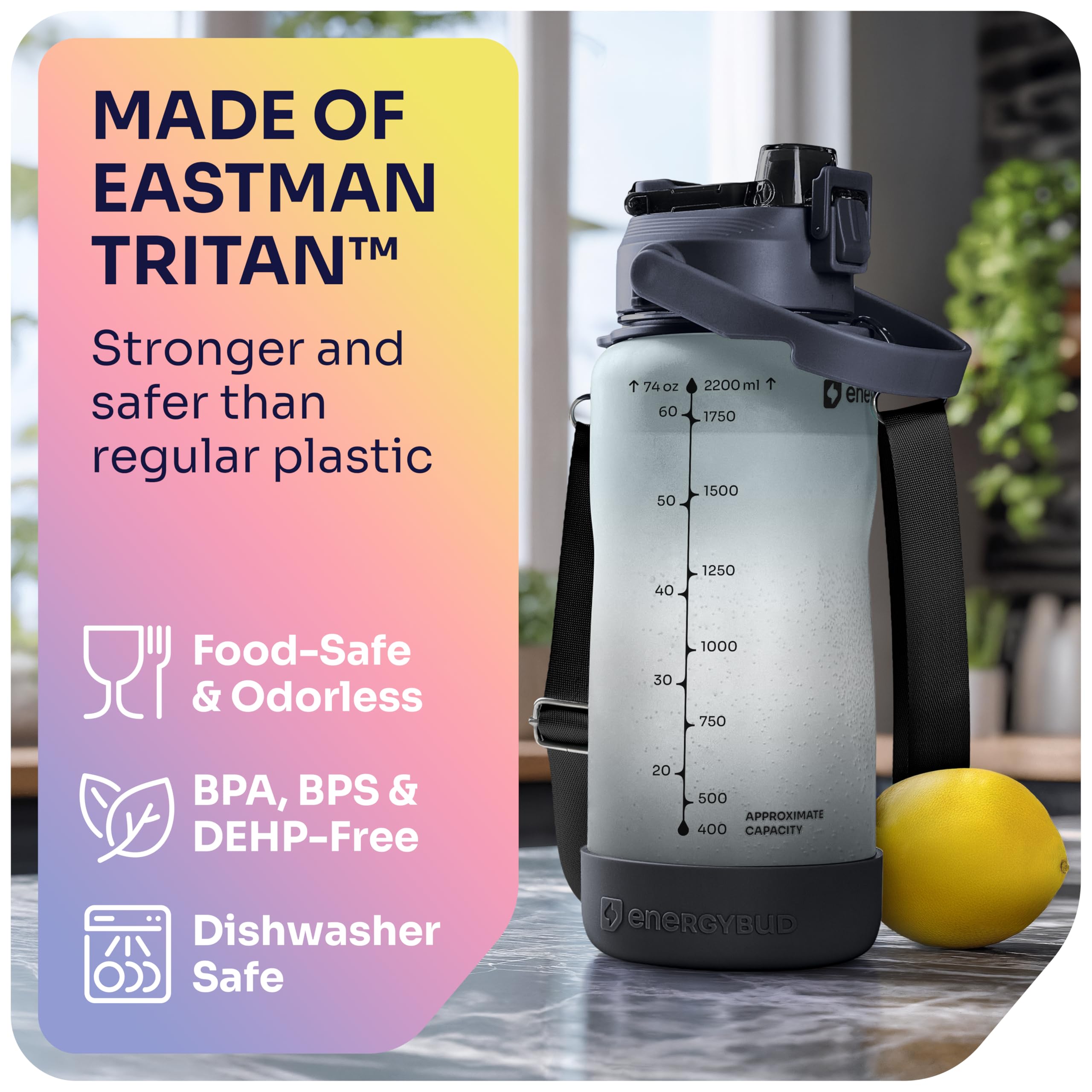 1/2 Gallon Water Bottle with 74.3 oz Capacity - Motivational Time Markers for Daily Hydration Goals - Leakproof BPA Free Tritan with Removable Straw