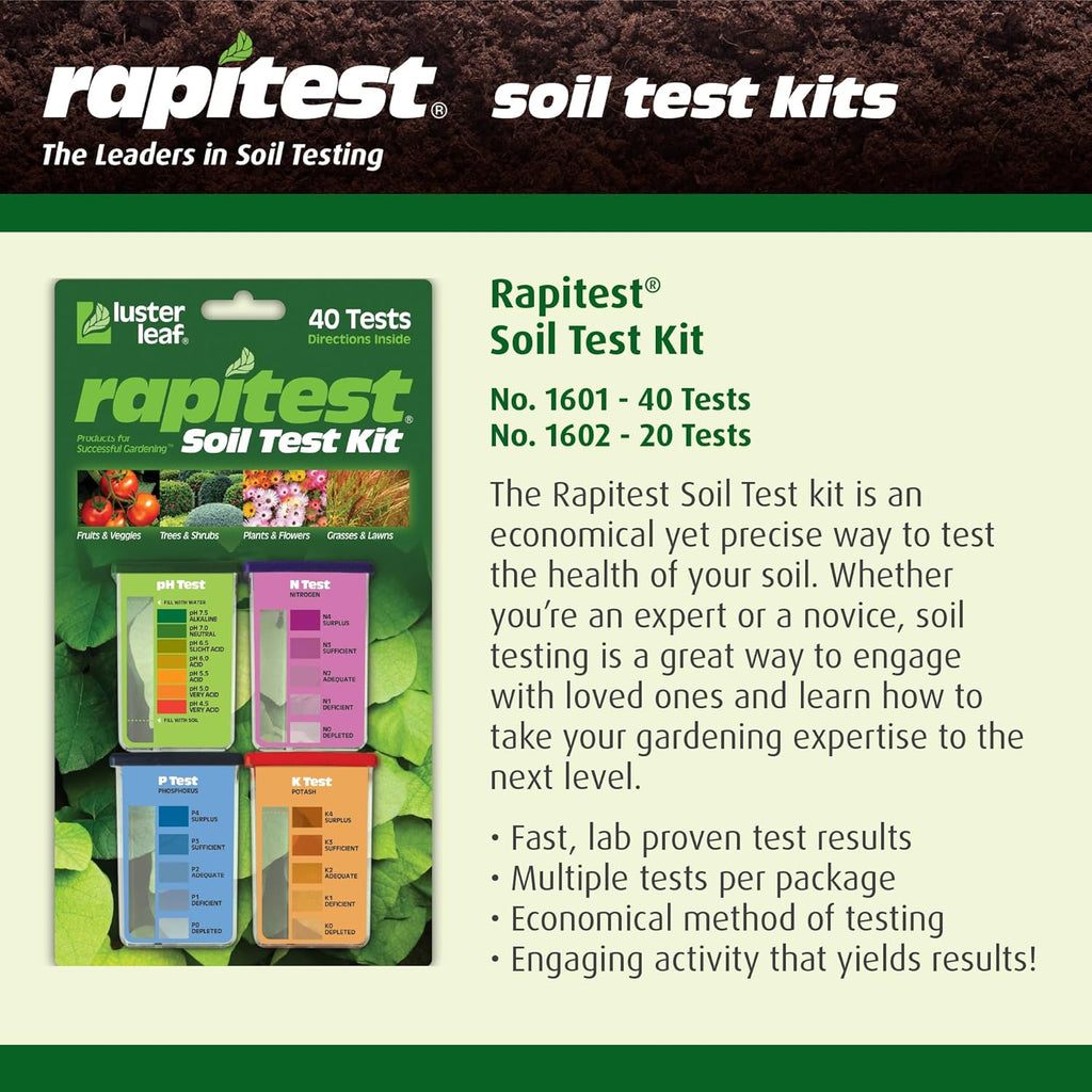 Rapitest Soil Test Kit for Gardens, Vegetables, Flowers and Lawns. USA designed and assembled soil tester completely, quickly and accurately measures/analyzes soil pH acidity and garden nutrients