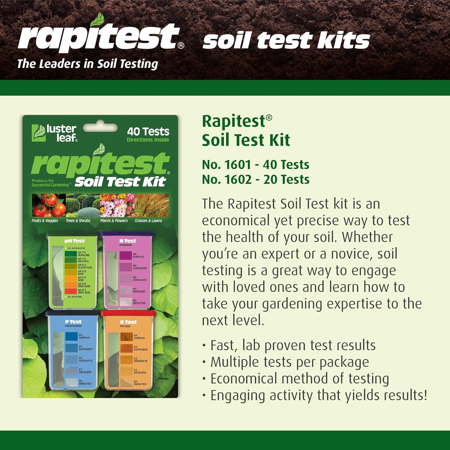 Rapitest Soil Test Kit for Gardens, Vegetables, Flowers and Lawns. USA designed and assembled soil tester completely, quickly and accurately measures/analyzes soil pH acidity and garden nutrients