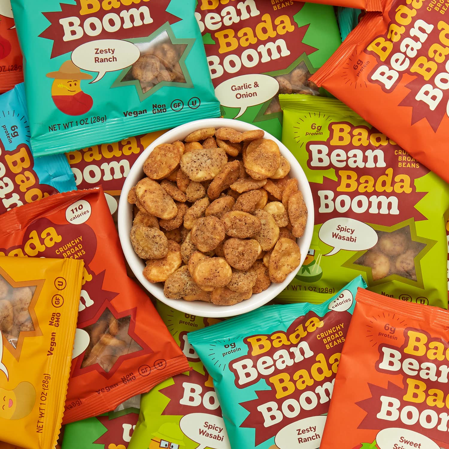 Bada Bean Bada Boom, Crunchy Roasted Broad Bean Snacks (Fava), High Protein, Vegan, Gluten-free - 110 Calorie Packs, Buffalo Wing, 4.5 Ounce (Pack of 6)