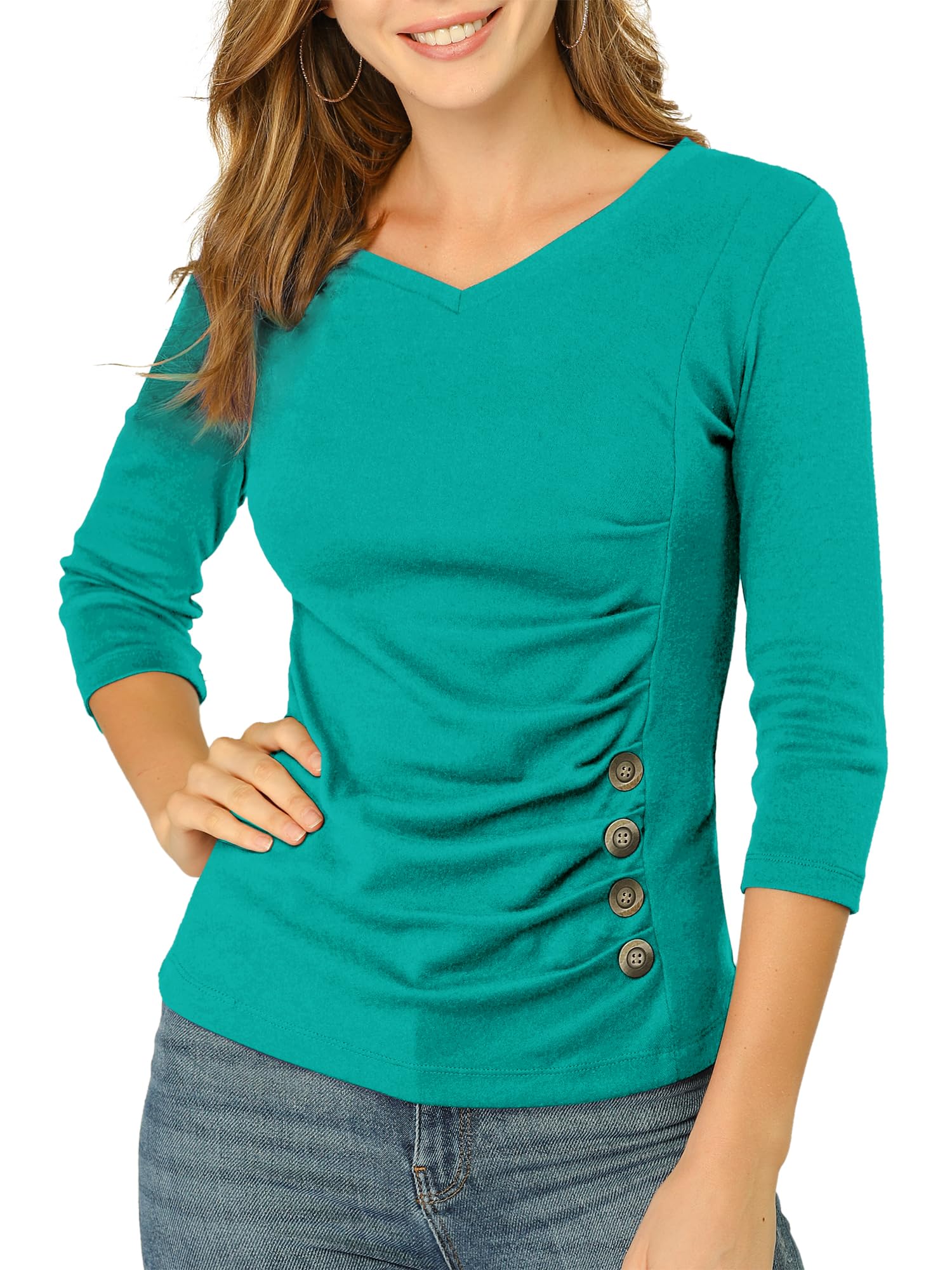 Allegra K Women's V Neck Tops 3/4 Sleeves Solid Knitted Buttons Decor Ruched Blouse