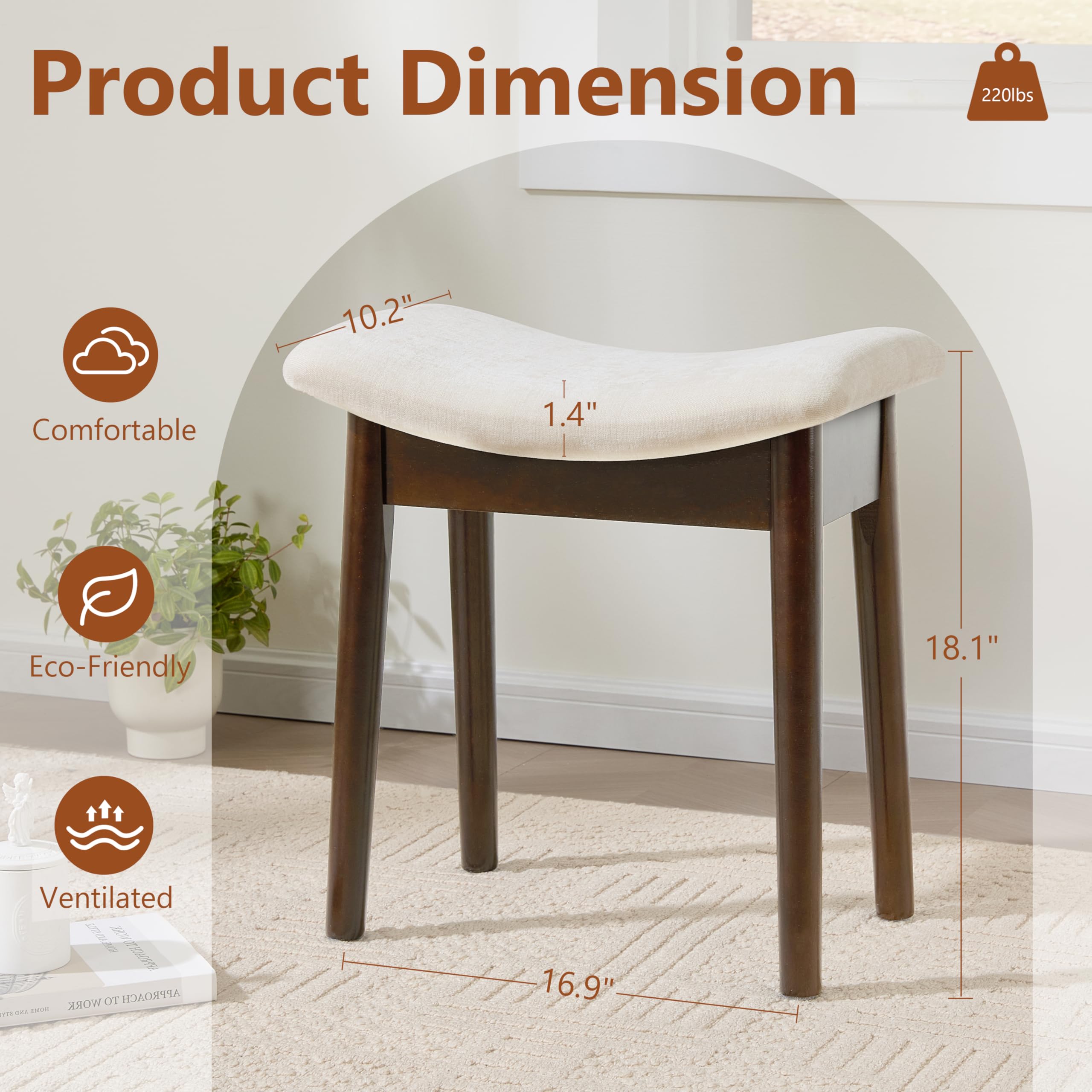 Royal Windsor Vanity Stool with Saddle Cushion, 18 Inch Makeup Vanity Chair for Living Room, Modern Foot Stool Ottoman Piano Bench,Small Upholstered Bench for Bedroom, Beige