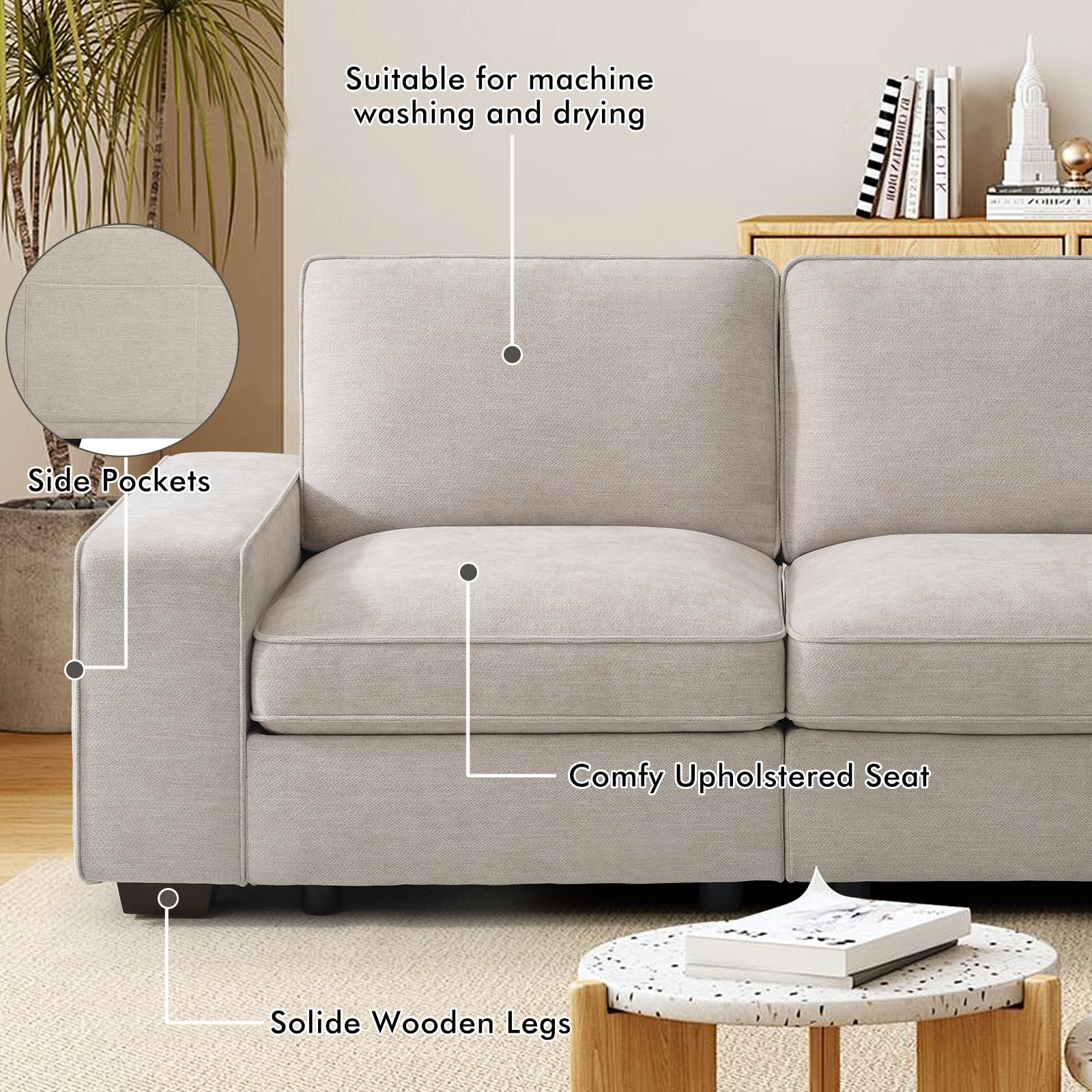TEKAMON 100" Modular Sectional Sofa with Seats Storage, L Shaped Couch with Movable Ottoman for Living Room, Couch with Chaise, Solid Wood Frame, Spring Cushions, USB Port, Removable Covers, Beige