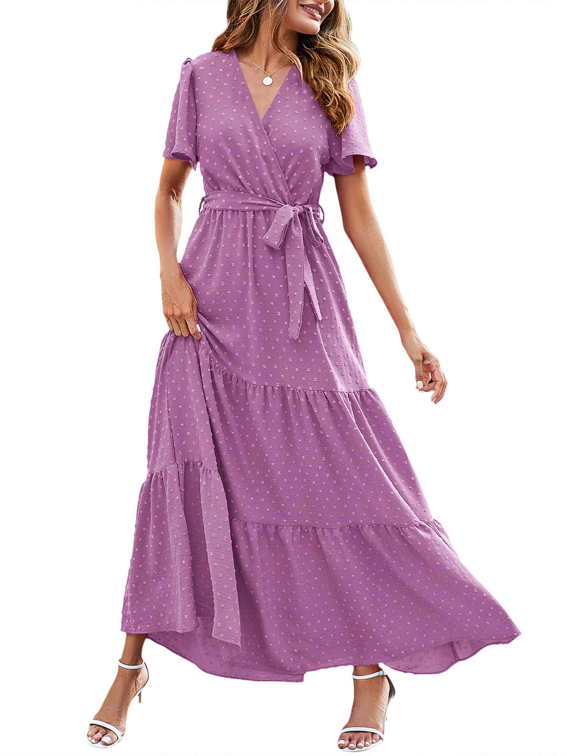 MASCOMODA Womens Summer Swiss Dot Maxi Dresses Wrap V Neck Flutter Short Sleeve Boho Casual Flowy Long Wedding Guest Dress
