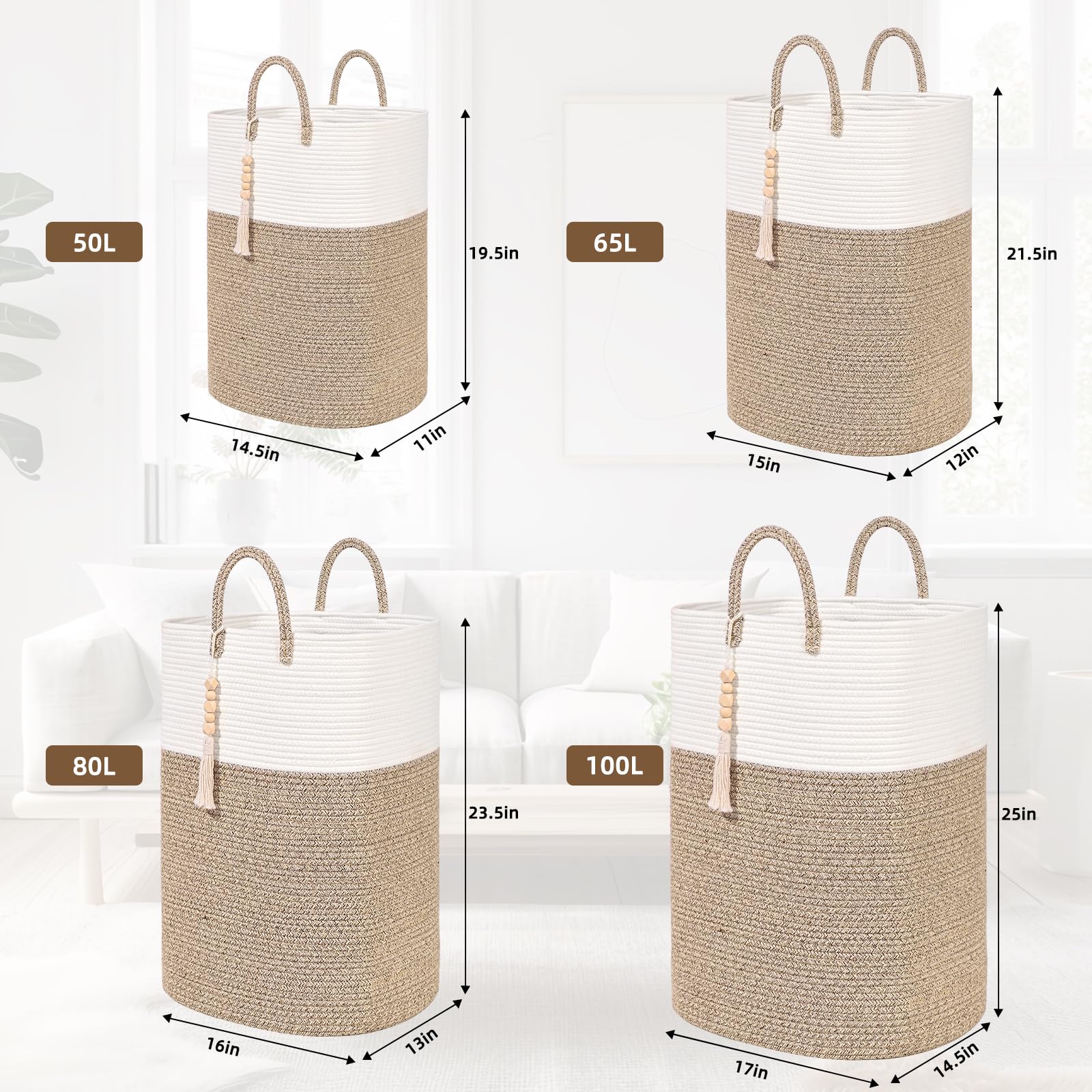 Woven Laundry Basket for Clothes, 50L Large Rectangle Laundry Hampers with Beads Tassel, Nursery Storage Basket for Toys, Tall Dirty Clothes Hamper for Bedroom Aesthetic, Laundry Room Organization
