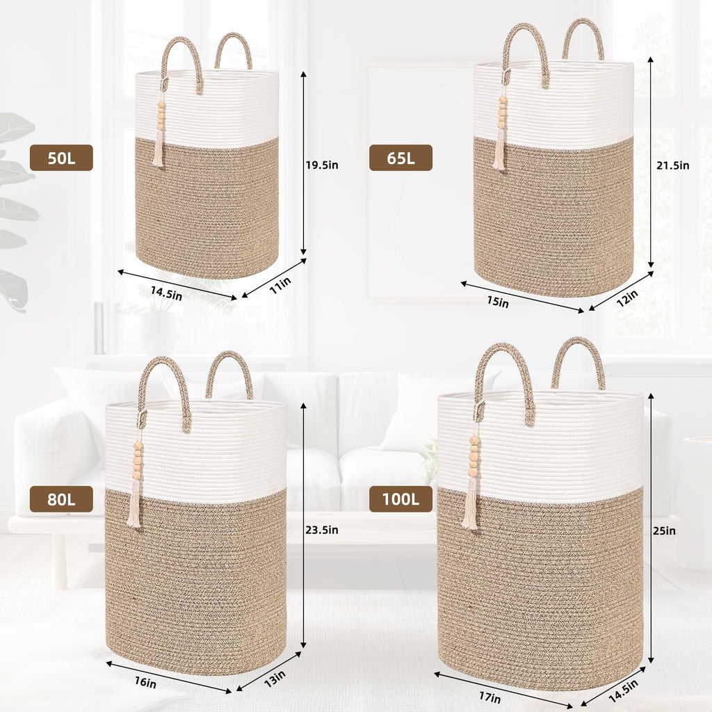 Woven Laundry Basket for Clothes, 50L Large Rectangle Laundry Hampers with Beads Tassel, Nursery Storage Basket for Toys, Tall Dirty Clothes Hamper for Bedroom Aesthetic, Laundry Room Organization