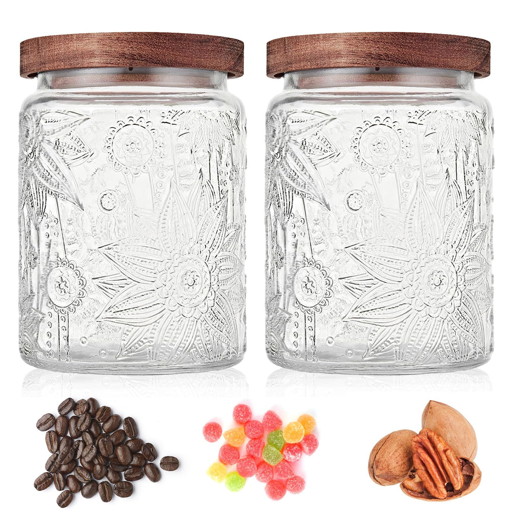 Custde Glass Storage Jars With Airtight Lid, 23.7oz Container For Kitchen Counter with Wooden Lid, brown sugar, candy, coffee, cookie, salt, tea, cute Jar (35oz Large Begonia Flowers)