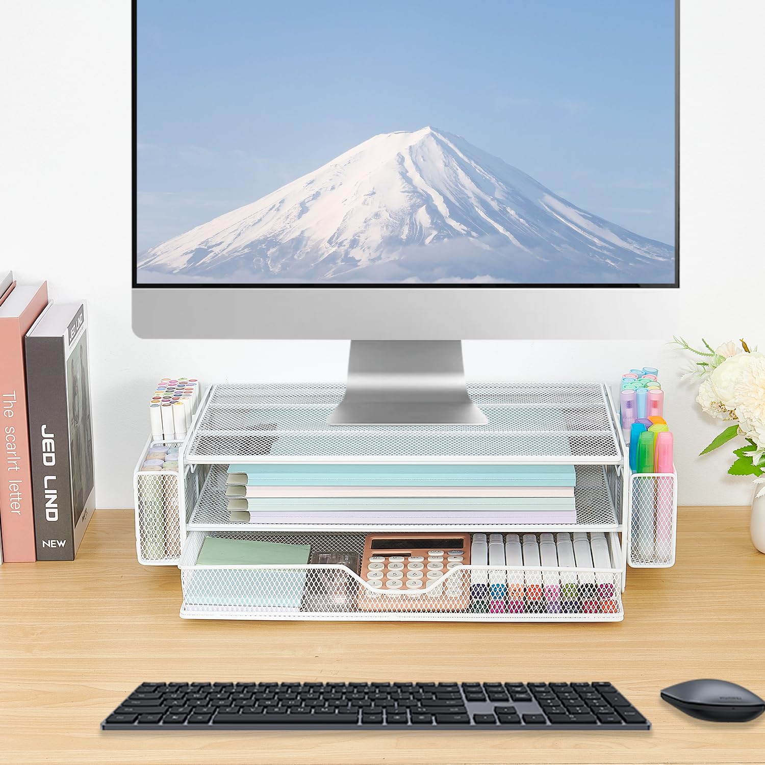 AUPSEN 2 Tier Computer Monitor Stands with Drawer and 2 Pencil Holder, Metal Monitor Stand Monitor riser, Computer Desk Organizer and Accessories for Laptop, Computer, Printer, Office Supplies(Black)