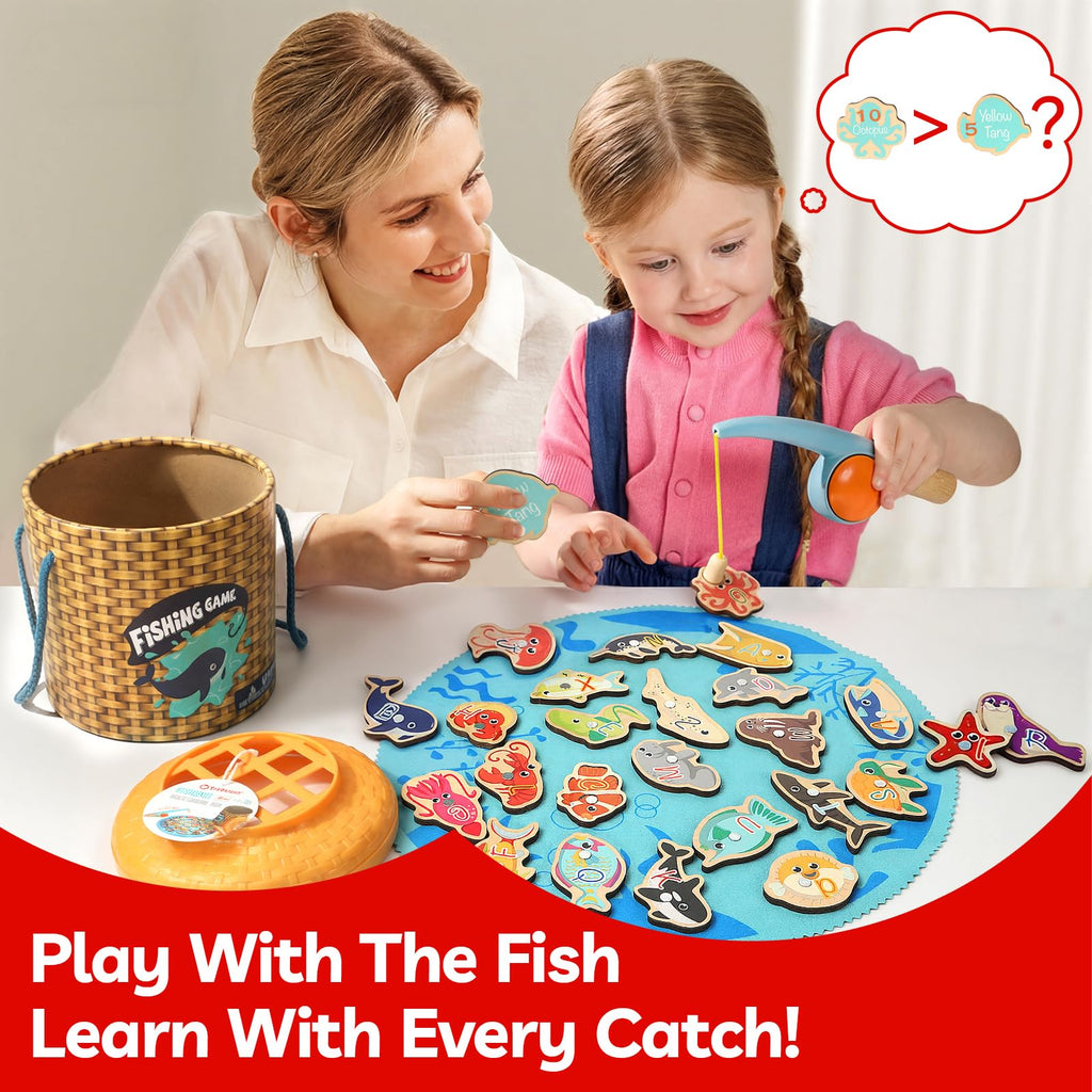 TOP BRIGHT Montessori Toddler Fishing Game - Kids Wooden Magnetic Fishing Toys Gifts for 3 Years Old Girls Boys, Fine Motor Skills for Toddler