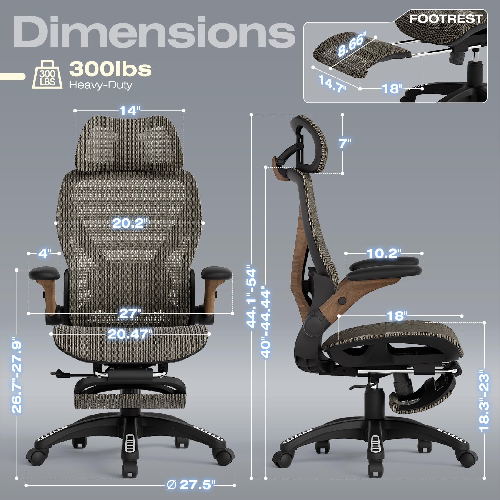 ELABEST X100 Ergonomic Office Chair with Footrest, Big and Tall Home Desk Chair with 5D Flip-Up Arms, Adjustable 3D Lumbar Support,High Back Rolling Computer Chair, Swivel Mesh Chairs (Coffee Break)