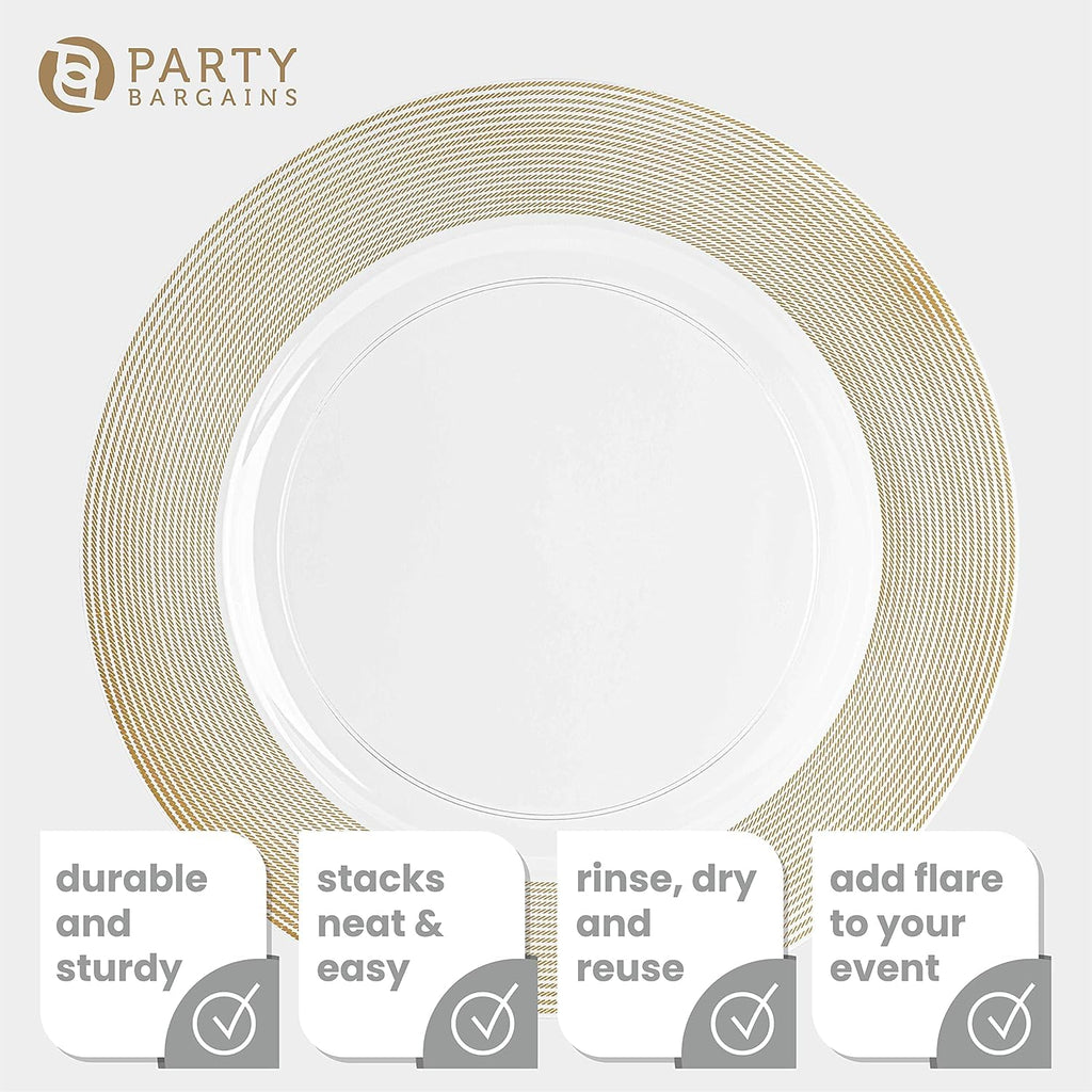 PARTY BARGAINS 13-Inch Charger Plates - 96 Pack, Clear Gold Rim, Heavy-Duty Disposable Chargers for Elegant Dining - Ideal for Weddings and Formal Events