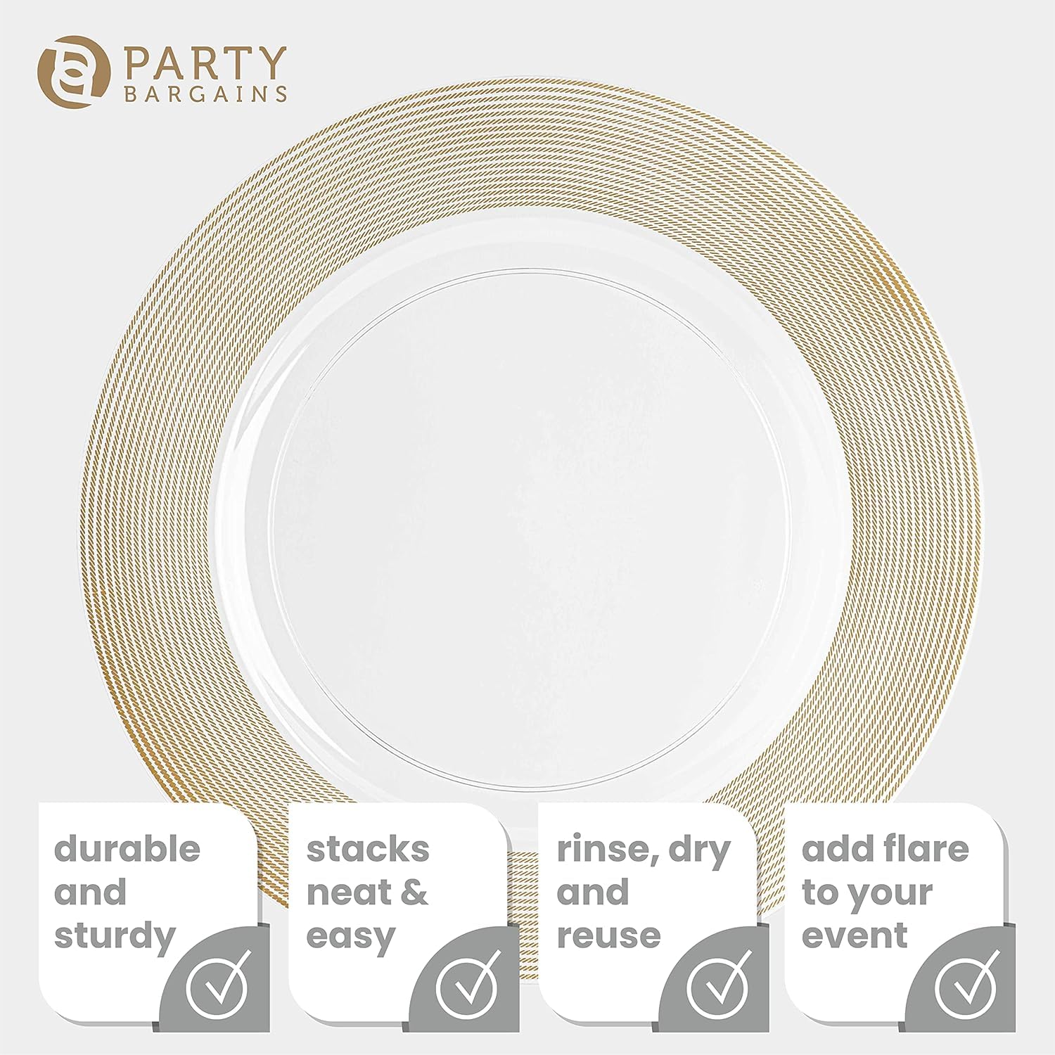PARTY BARGAINS 13-Inch Charger Plates - 96 Pack, Clear Gold Rim, Heavy-Duty Disposable Chargers for Elegant Dining - Ideal for Weddings and Formal Events