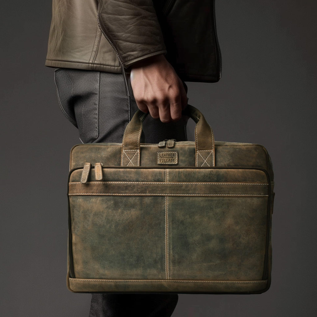 LEATHER VILLAGE 16" Leather Laptop Messenger Briefcase Bag for Men-Leather Satchel for Travel and Office Shoulder Bag-Black