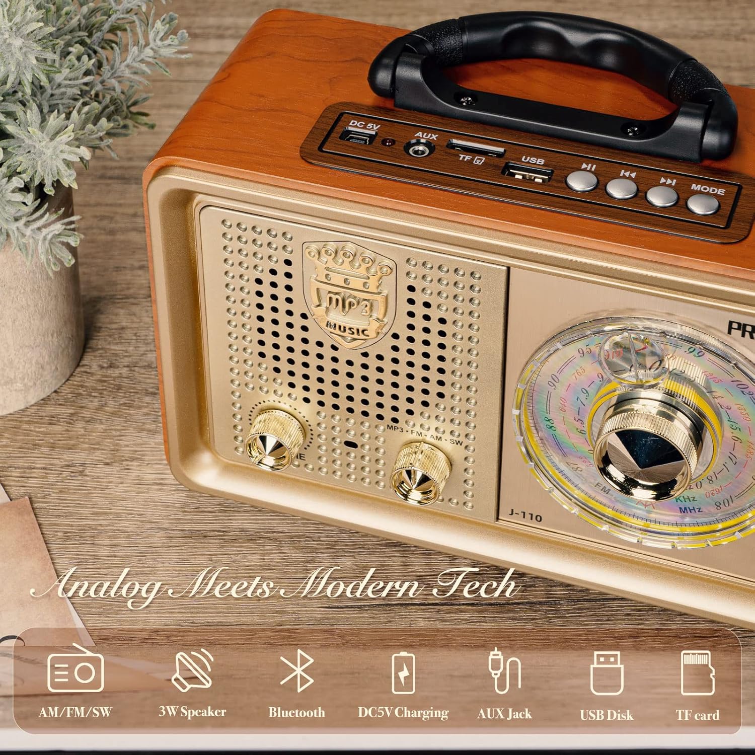 PRUNUS J-110 Radio Portable AM FM, for Mom,Transistor Radio Plug in Wall AC Power & Battery Powered & Rechargeable for Emergency,Vintage Radio with Bluetooth, Gift for Mom