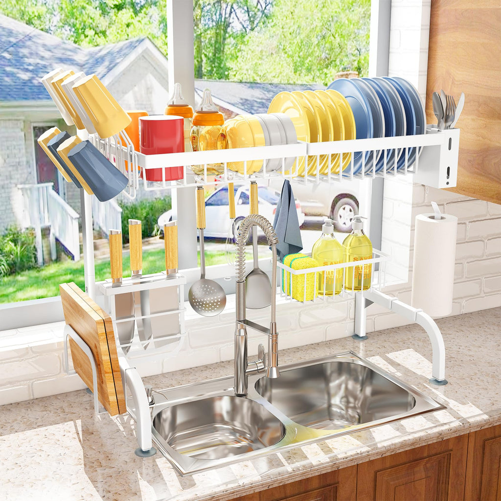 SAYZH Over the Sink Dish Drying Rack, Adjustable (25.5 to 33.5 inch) 2 Tier Metal Steel Dish Drying Racks for Kitchen Counter with Hooks Paper Towel Utensil Cup Holder Sink Caddy (Black)