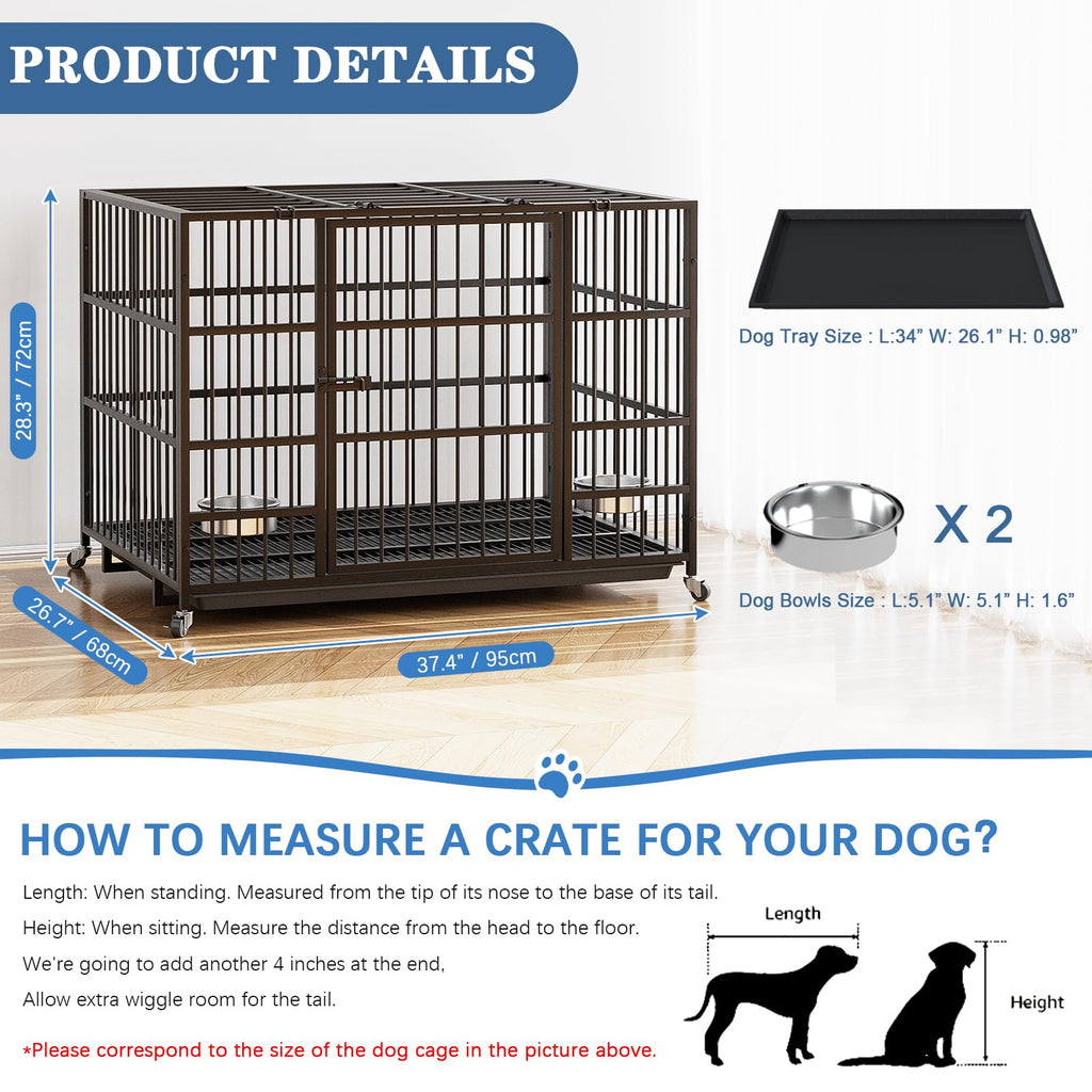 Dosker 42 inch Heavy Duty Metal Dog Crate with Divider for 2 Dogs/Large Dog, All Metal Open Top Escape Proof Cage, Indoor Dog Kennel with Wheels, Floor Grid, Tray, Feeding Bowl
