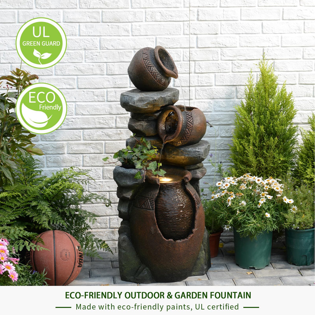 Bumilgar 2-Tier Bowl Water Fountain with LED Lights, 27.95" Tall Freestanding Outdoor & Indoor Garden Waterfall Fountain for Yard, Patio, Backyard, Floor Standing Home Decor