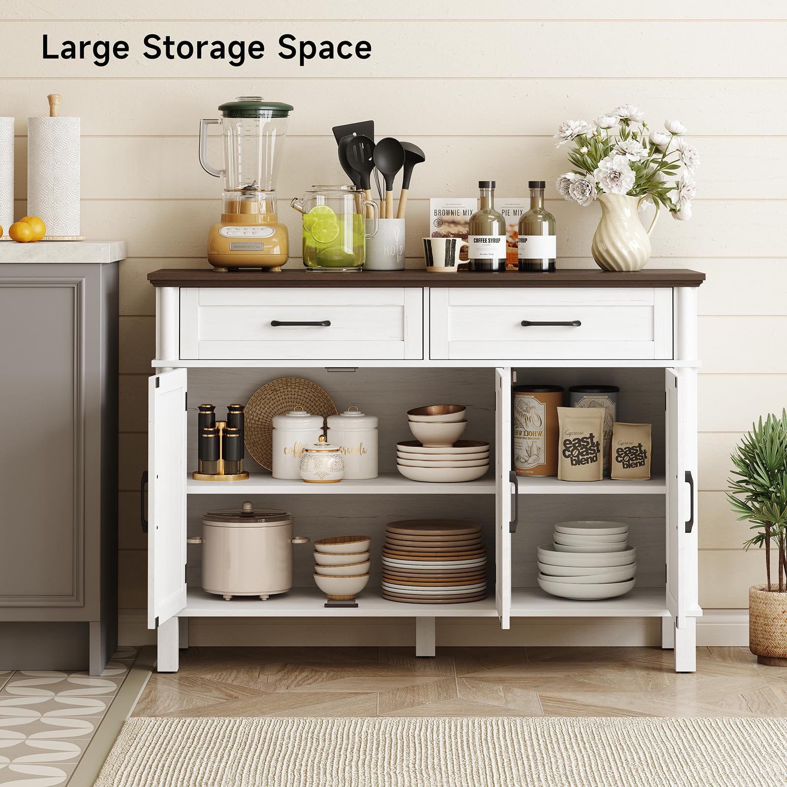 ONBRILL 48 Inches Buffet Cabinet with Storage, Farmhouse Sideboard Buffet w/2 Drawers and 3 Doors, Wood Coffee Bar Cabinet with Adjustable Shelves, Sideboard Storage for Kitchen, Living Room, Black