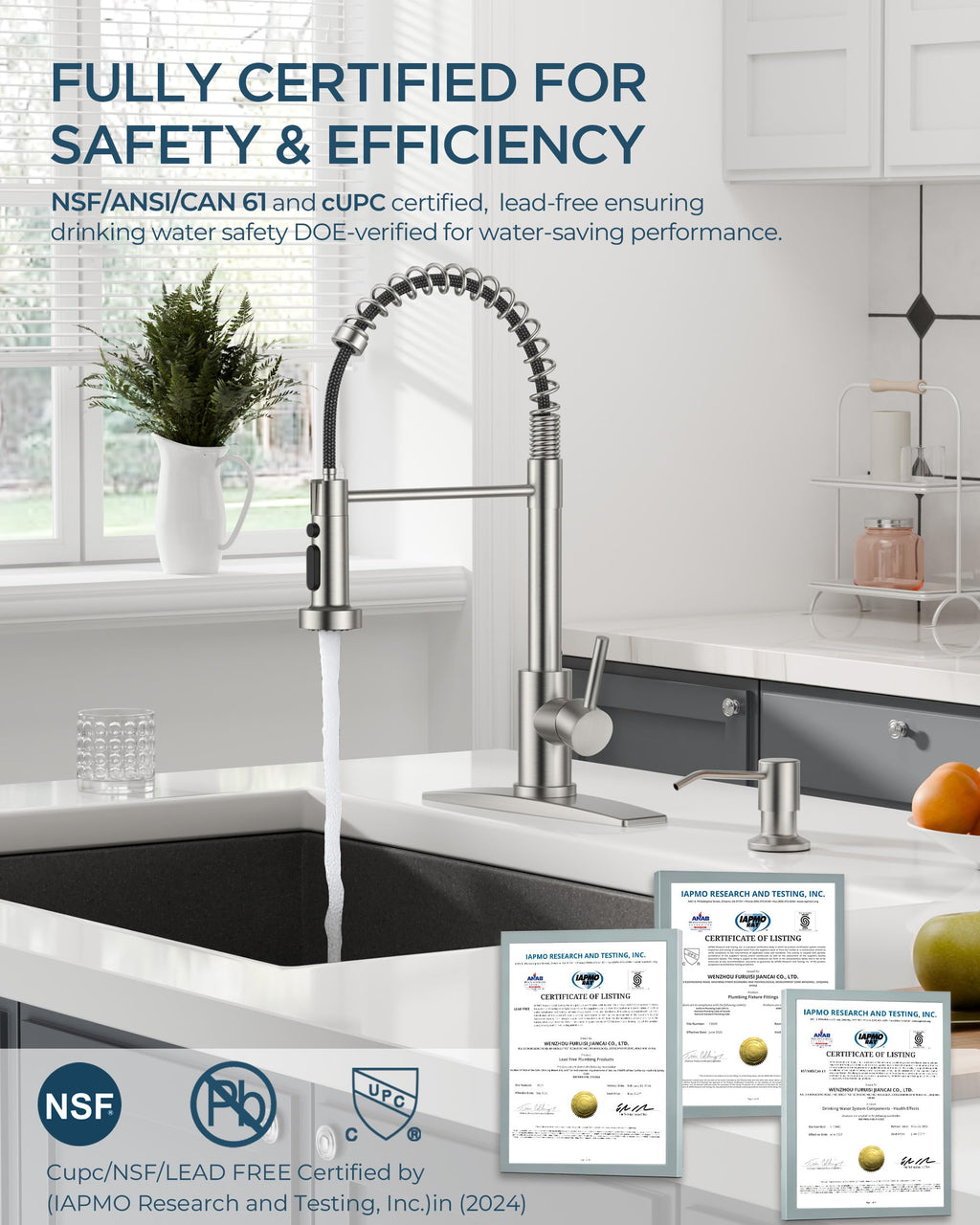 FORIOUS Kitchen Faucet with Soap Dispenser, Gold Stainless Steel Single Handle Modern Spring Commercial Sink Faucet with Pull Down Sprayer for Laundry & Utility Room RV Camp Bar Farmhouse