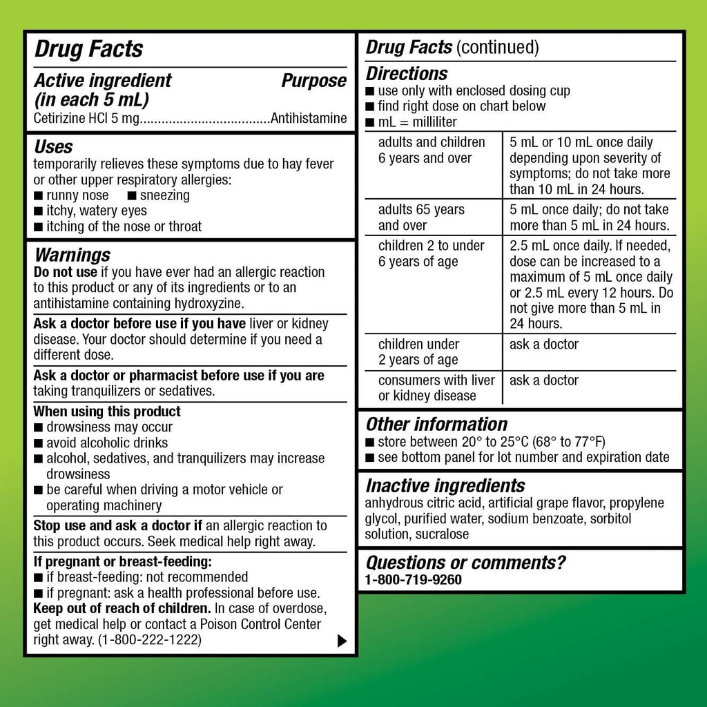Amazon Basic Care Children’s 24 Hour Allergy Relief, Cetirizine Hydrochloride Oral Solution 1 mg/mL, Grape Flavor, Dye Free, 8 fl oz (Pack of 3)