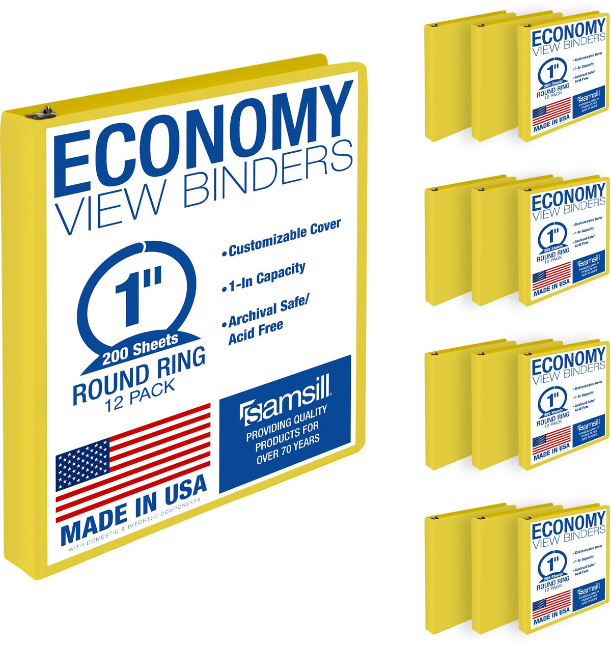 Samsill 1 Inch 3 Ring Binders, Economy Round Ring, Clear View Cover, 200 Sheet Capacity - for School, Home, Office - Blue, 4 Pack