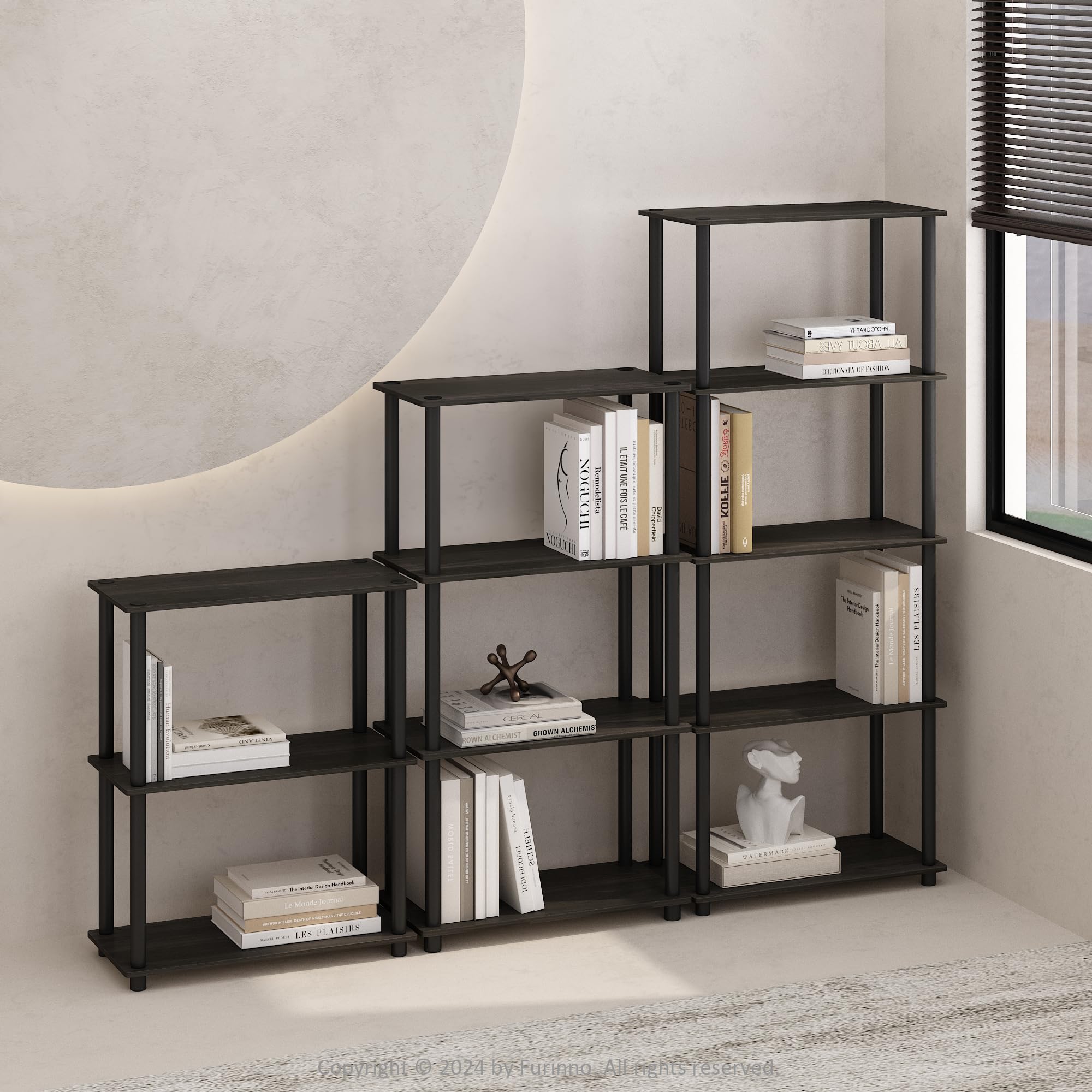 Furinno Turn-N-Tube Book Shelf, 4-Tier Bookshelf, Bookcase with Multipurpose Compact Display Rack, 11.6 x 23.6 x 43.2, for Living Room, Bedroom, Home Office, Americano/Black