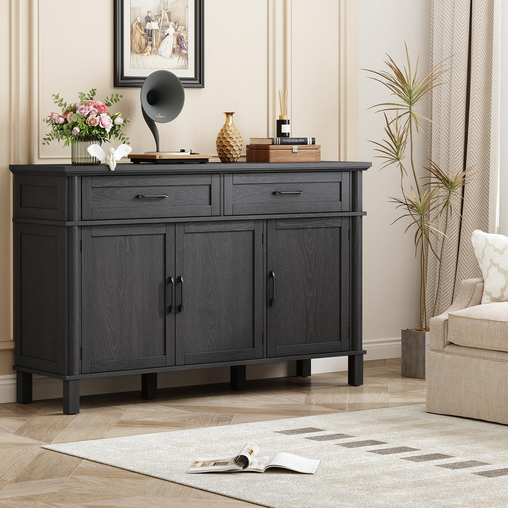 ONBRILL 48 Inches Buffet Cabinet with Storage, Farmhouse Sideboard Buffet w/2 Drawers and 3 Doors, Wood Coffee Bar Cabinet with Adjustable Shelves, Sideboard Storage for Kitchen, Living Room, Black