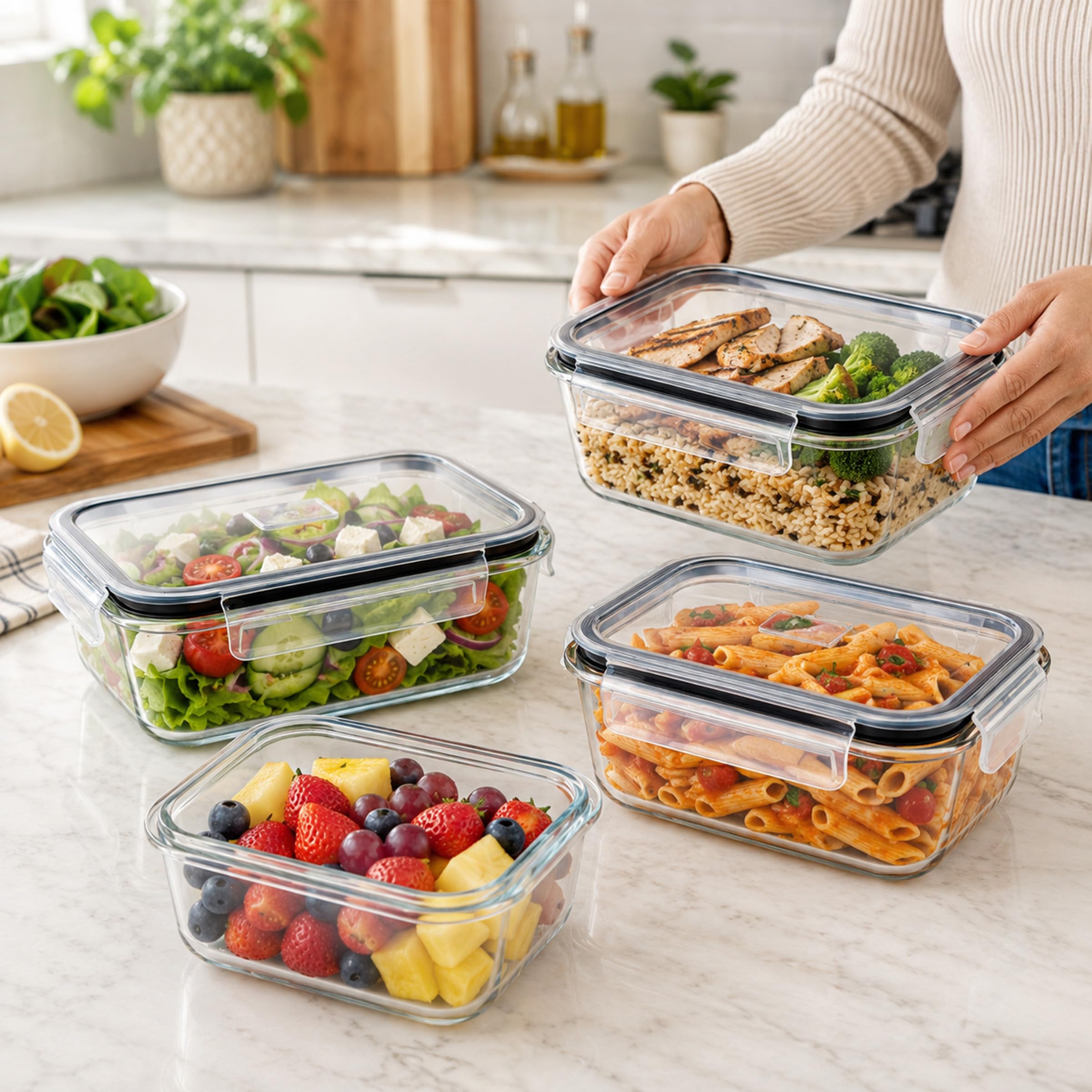 Sorbus 20pc Glass Meal Prep Containers Set – 10 Glass Food Storage Containers (21.3oz, 2.6 Cups) with Airtight Lids – Freezer, Dishwasher, and Oven Safe – Reusable Containers for Meal Prep and Storage