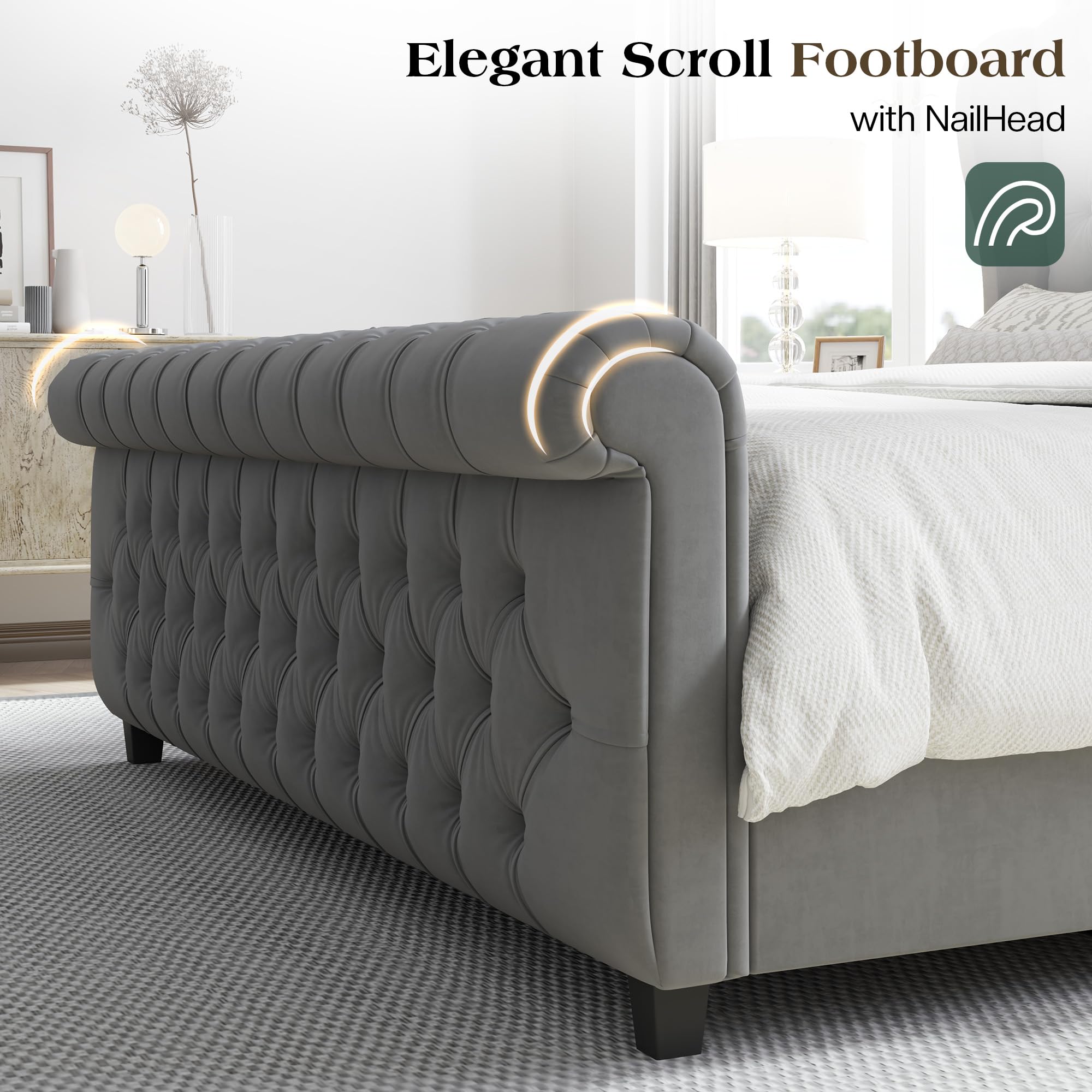 LUXOAK Queen Size Platform Bed Frame, Velvet Upholstered Sleigh Bed with Curved Headboard & Footboard, Deep Button Tufted, Wood Slats Support, No Box Spring Needed, Black