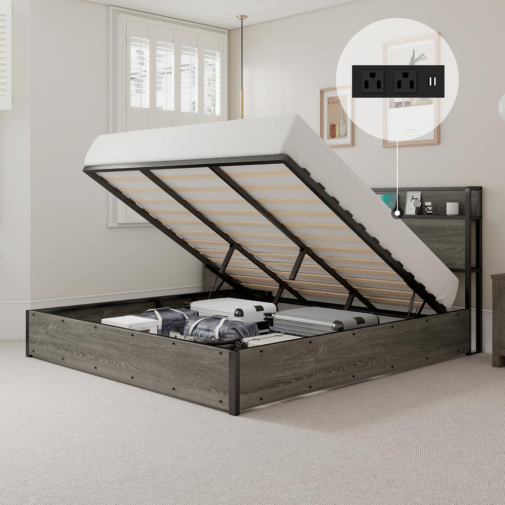 LUXOAK Full Size Lift Up Storage Bed, Wood Platform Bed Frame with Storage Headboard & Charging Station, No Box Spring Needed, Easy Assembly, Black