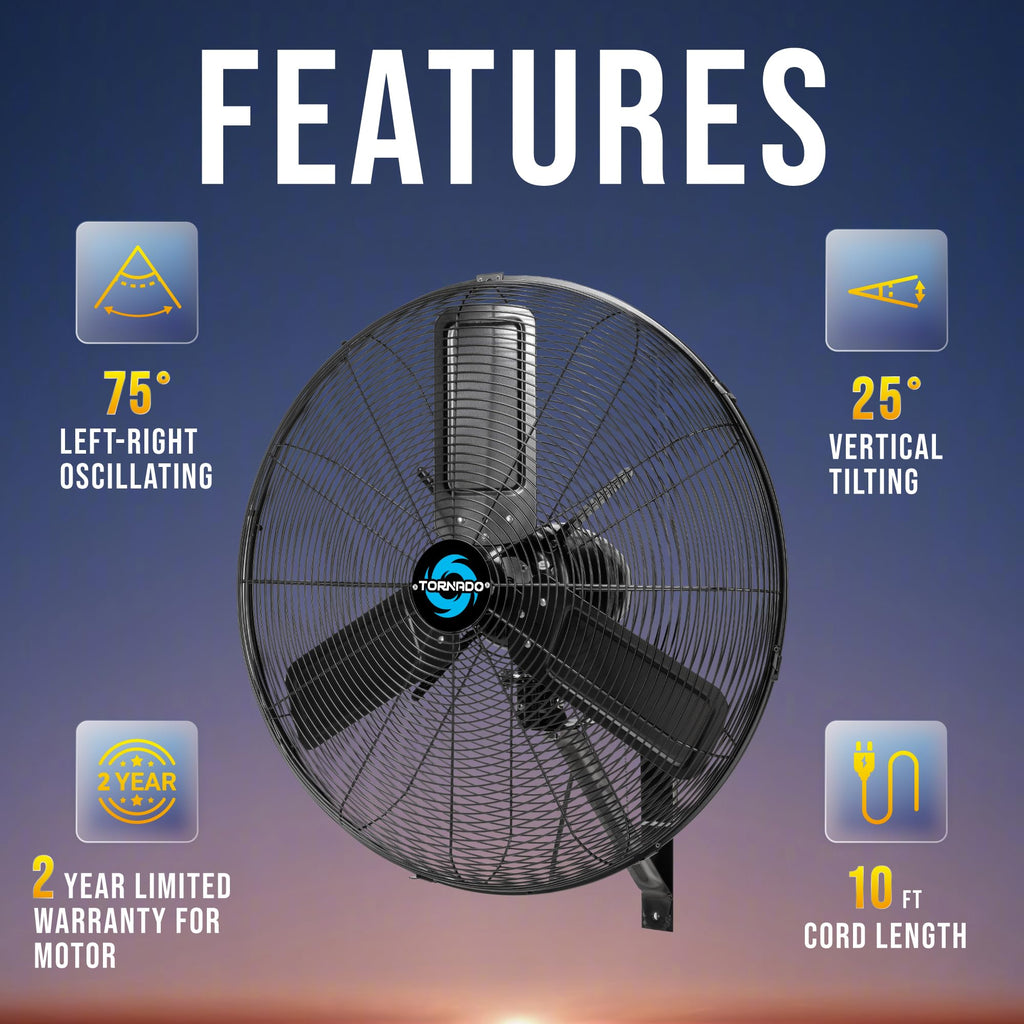 Tornado 16 Inch Professional High-Velocity Oscillating Wall-Mounted Fan – Ideal for Industrial, Commercial, and Residential Spaces – 3-Speed Settings, 2850 CFM, UL Safety Certified