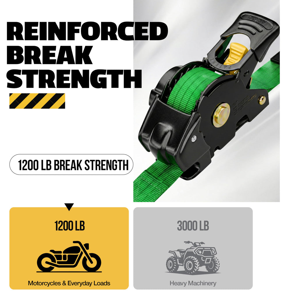 AUGO Retractable Ratchet Straps | 2 Heavy Duty Ratchet Straps Self Retractable Tie Downs with Soft Loops & Storage Bag for Motorcycle, Truck, Trailer, Cargo Van | 1200 Lb Break Strength 1” x 10’