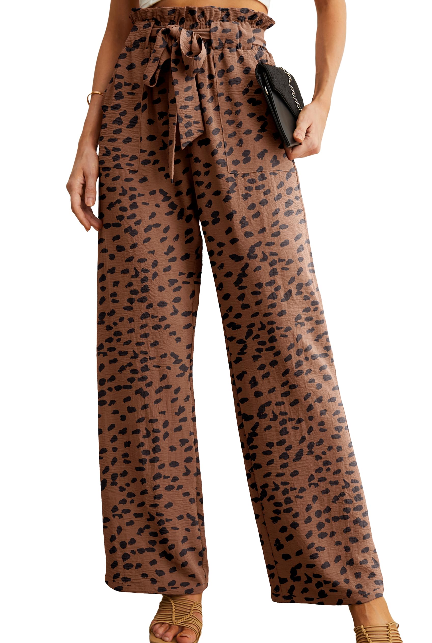 IWOLLENCE Women High Waist Palazzo Pants, Adjustable Knot Ankle Wide Leg Trousers Pockets Beach Vacation Lounge Office