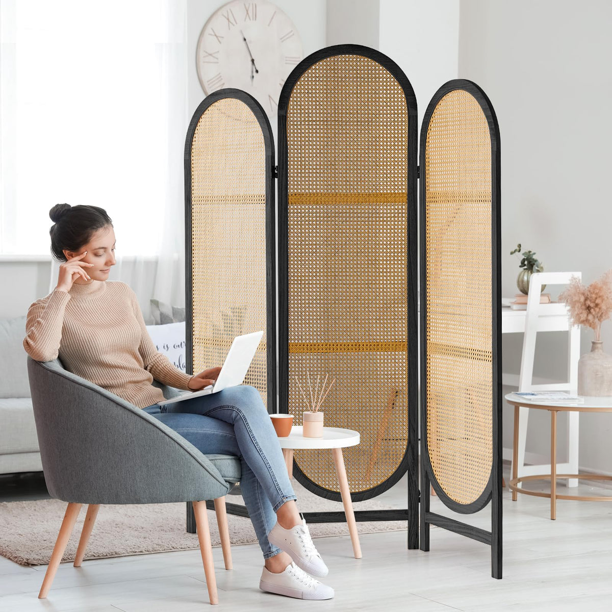 Hand-Woven Rattan Room Divider 3 Panels, 5.9 Ft Tall Wood Room Divider Panel, Partition Screen Divider Wall, Folding Privacy Screen, Wall Divider for Room Separation Home Office - Black