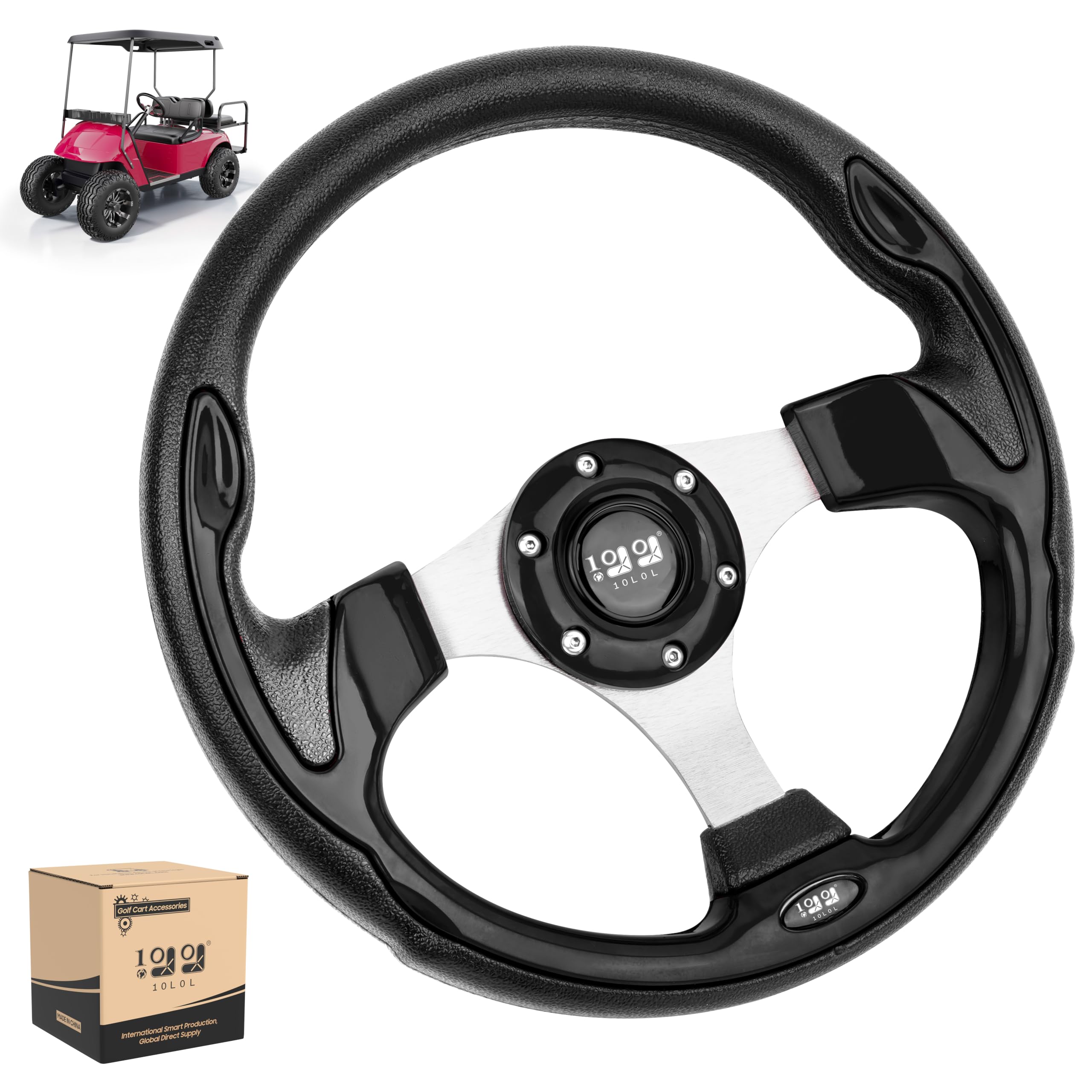 10L0L Golf Cart Steering Wheel, 13' Universal Fit for EZGO TXT/RXV, Club Car DS/Precedent, Yamaha G2-G29 (Carbon Black)