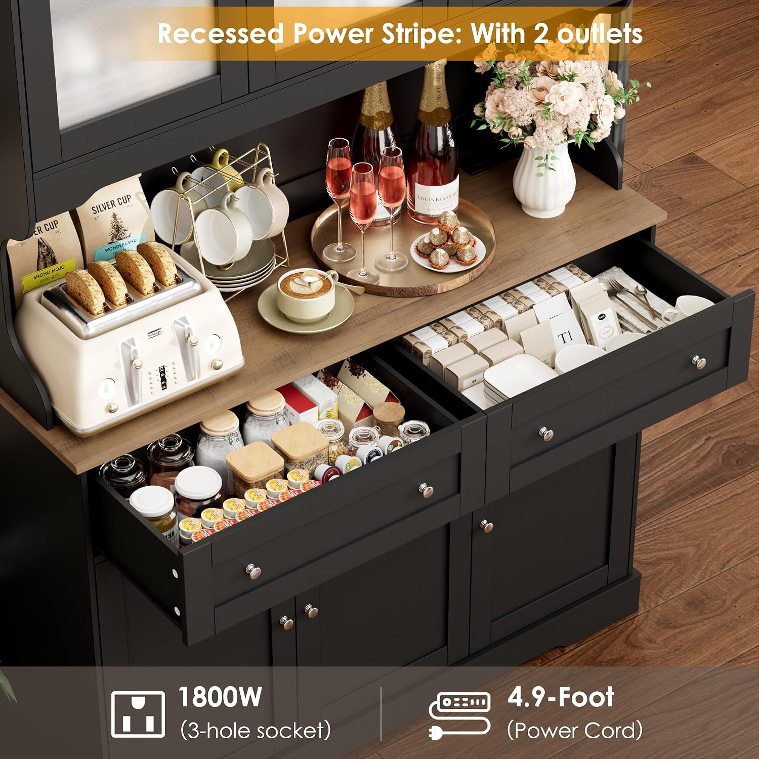 FACBOTALL 71.9" Kitchen Pantry Cabinet, Tall Storage Cabinet, Kitchen Hutch with Countertop and Outlets, Farmhouse Tall Pantry Storage with Doors and Shelves, Black
