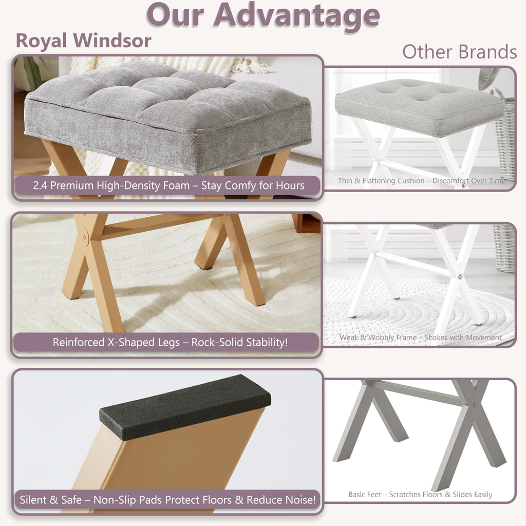 Royal Windsor Vanity Stool with Saddle Cushion, 18 Inch Makeup Vanity Chair for Living Room, Modern Foot Stool Ottoman Piano Bench,Small Upholstered Bench for Bedroom, Beige