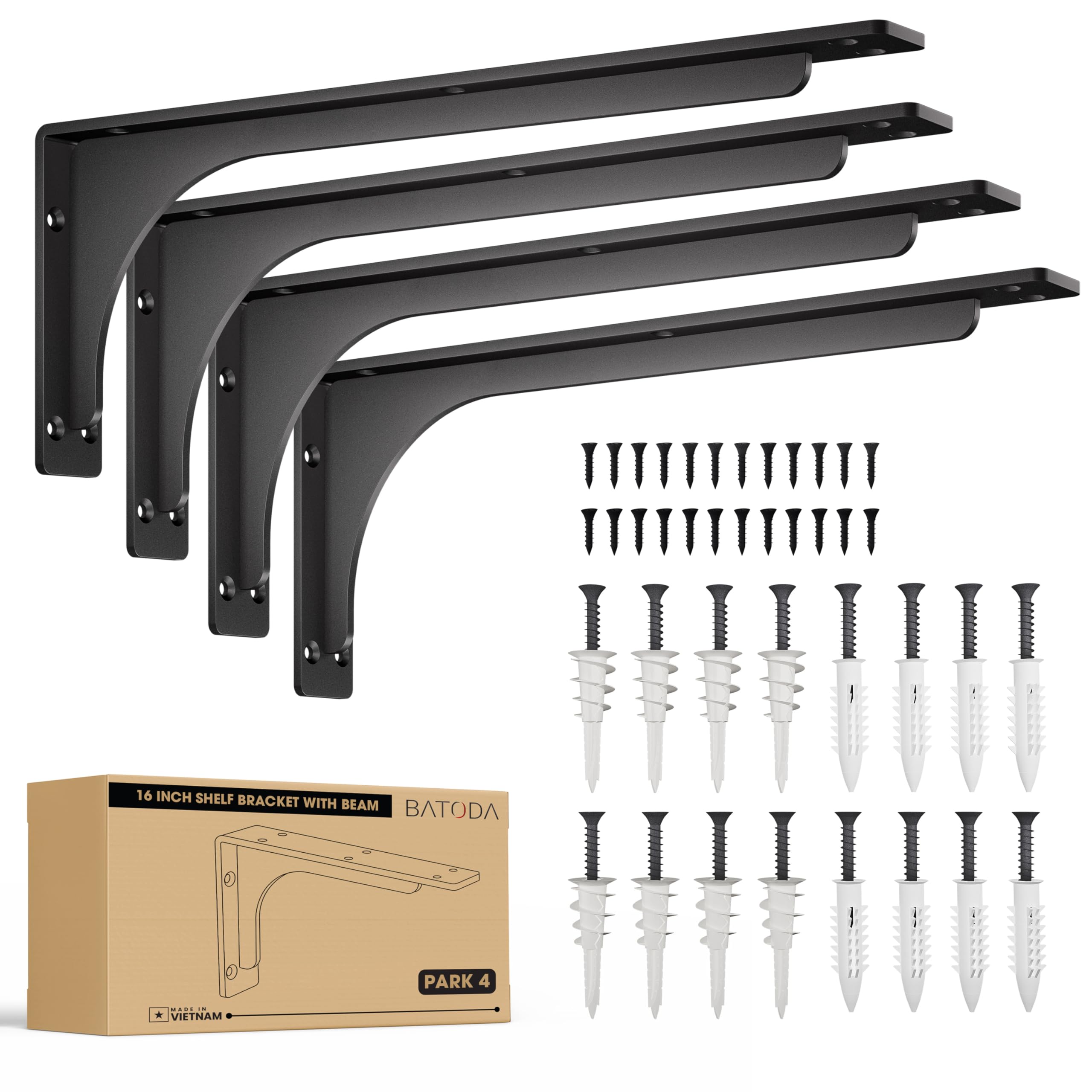BATODA 8" x 5" L Bracket with Beam - Shelf Brackets Black 300 Lbs Capacity - Heavy Duty Shelving Brackets for Floating Shelves - Wall Mounted Support for DIY – Mounting Hardware Included (Pack 4)