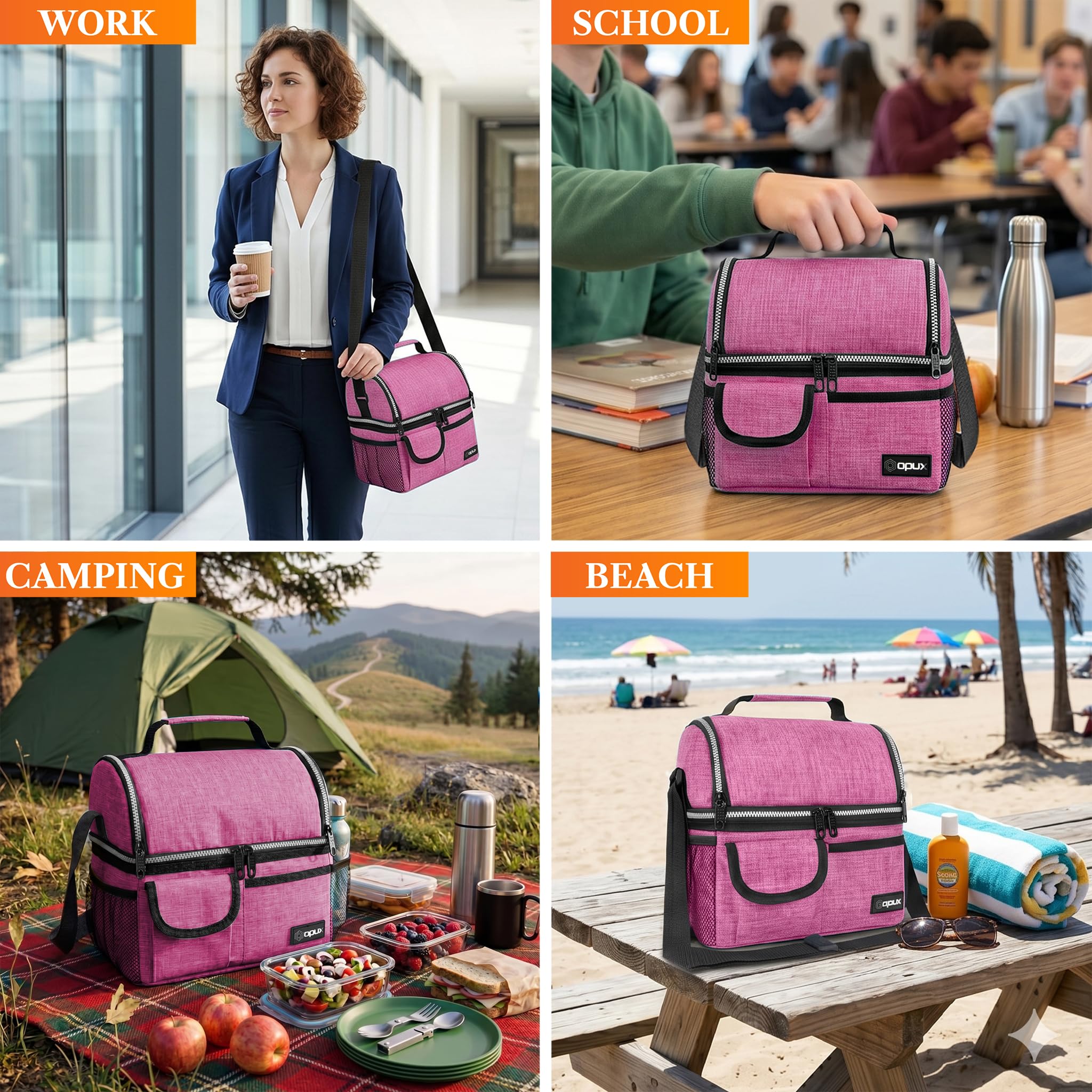 opux Insulated Lunch Bag Women Men, Dual Compartment Leakproof Lunch Box Adults Kids, Double Decker Meal Prep Bento Lunch Cooler Tote with Shoulder Strap for Work Office School Travel, Black