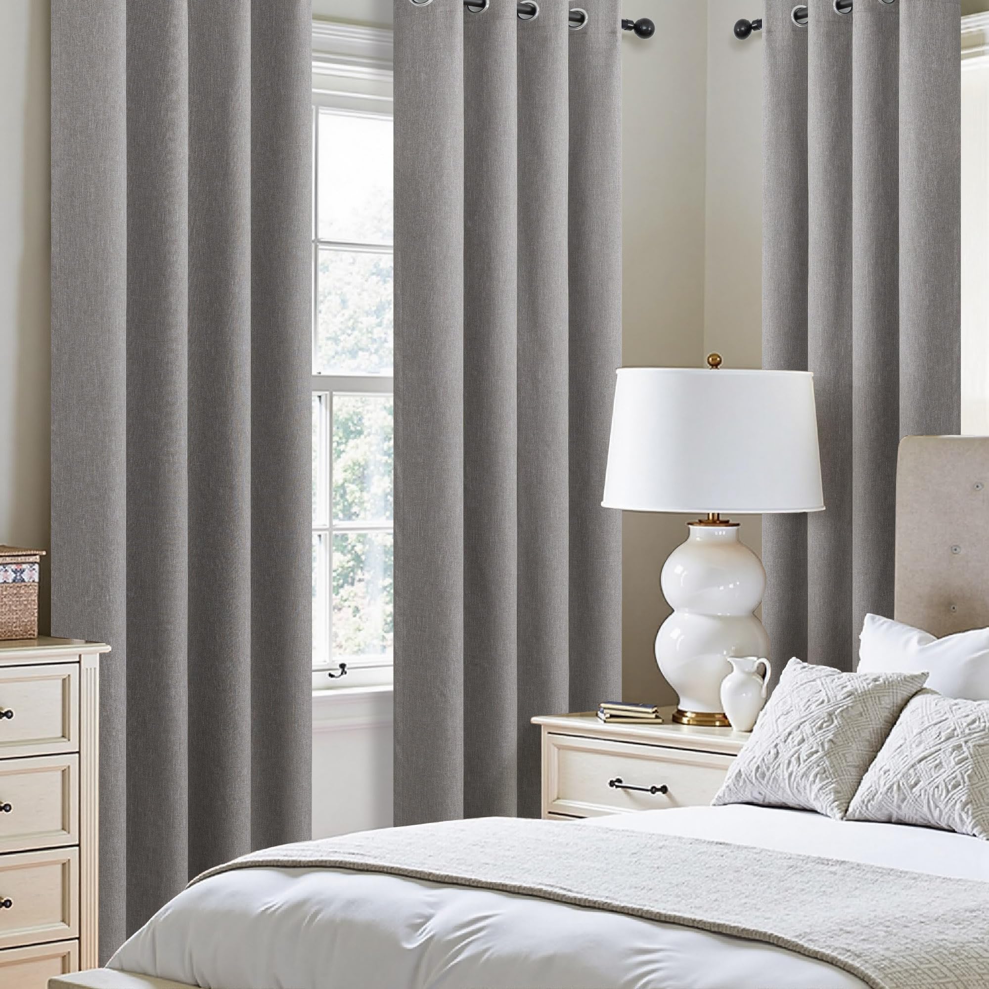 Short Small Linen Blackout Curtains 54 Inch Length 2 Panels Set for Bedroom Living Room Grommet 100% Black Out Linen Drapes Room Darkening Window Curtains 54 Inches Long Dark Gray