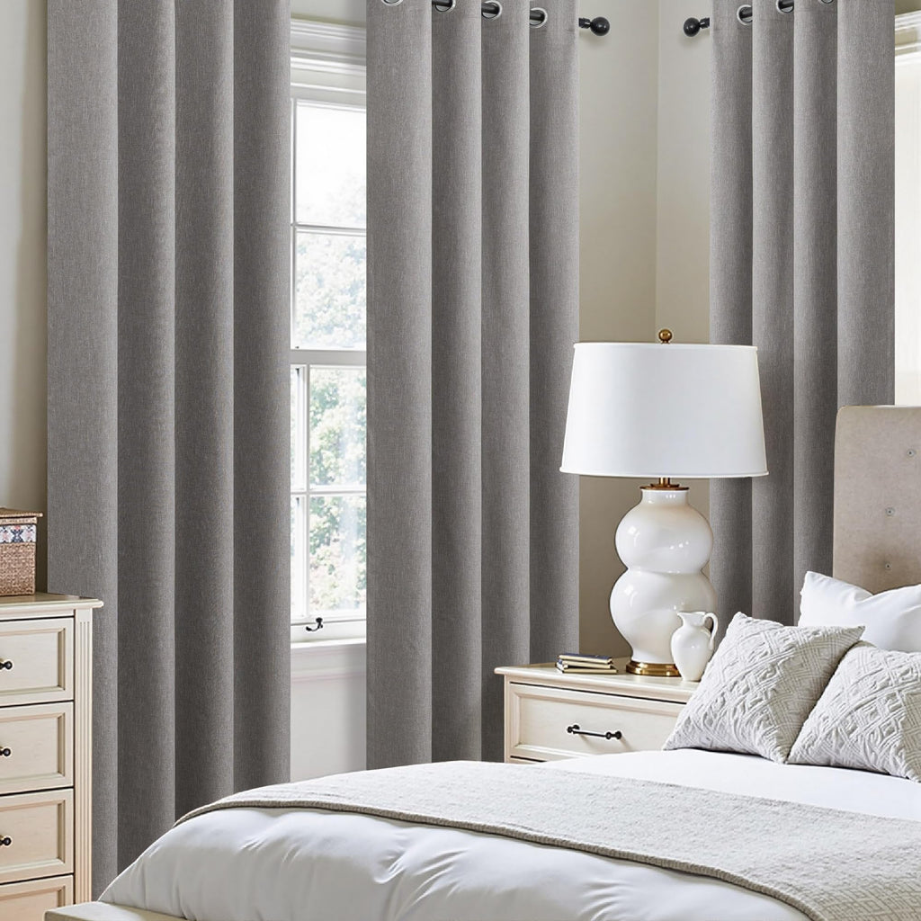 Short Small Linen Blackout Curtains 54 Inch Length 2 Panels Set for Bedroom Living Room Grommet 100% Black Out Linen Drapes Room Darkening Window Curtains 54 Inches Long Dark Gray
