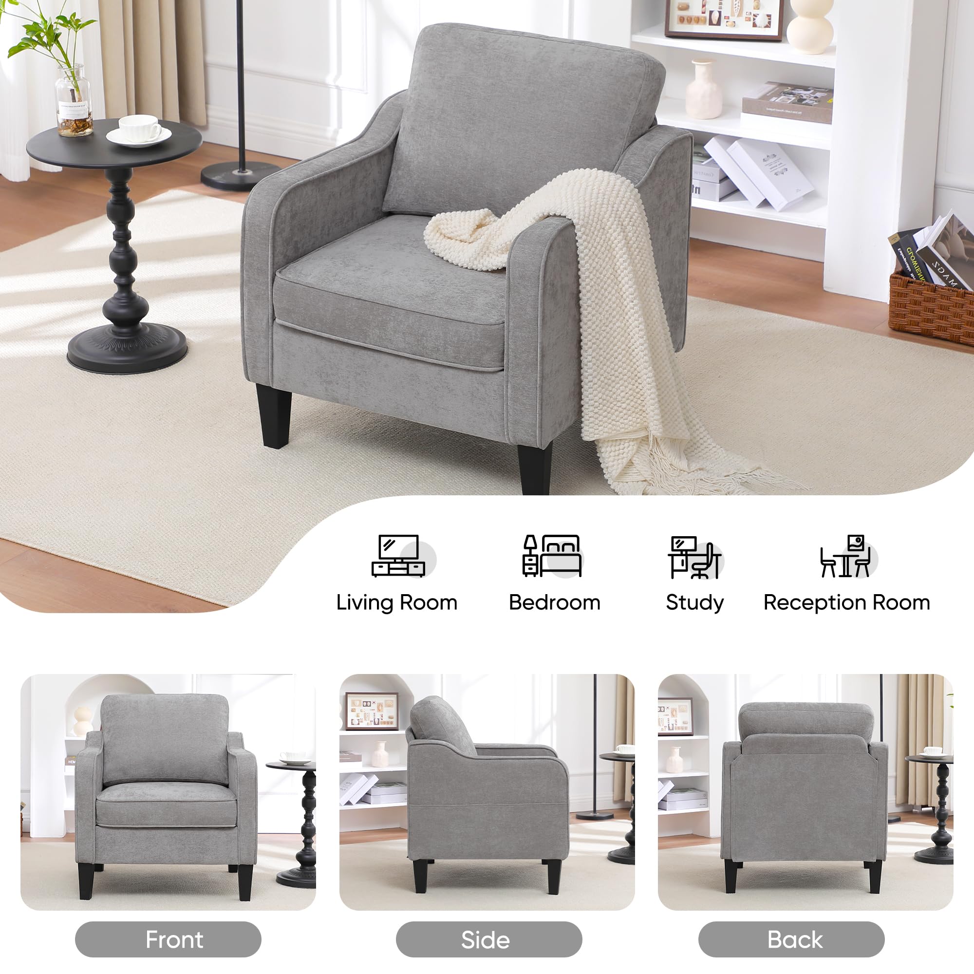 Accent Chair for Living Room, Mid Century Modern Reading Chair for Bedroom, Upholstered Armchair with Side Pockets, Comfy Single Sofa Side Chair for Office, Apartment, Small Room, Beige