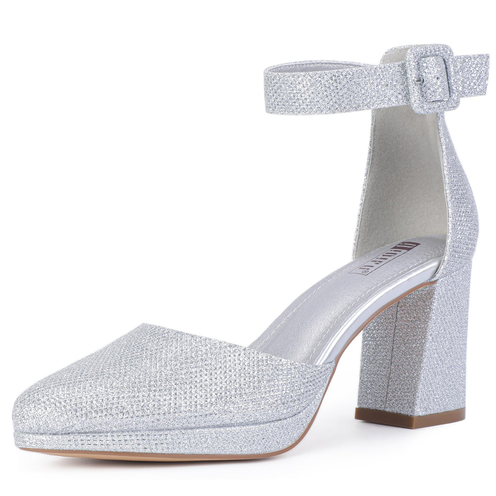 IDIFU IN3 Womens Closed Toe Heels Chunky Block Platform Pumps Pointed Toe Ankle Strap Dress Shoes for Women Comfortable Wedding Short Low Pumps Shoes