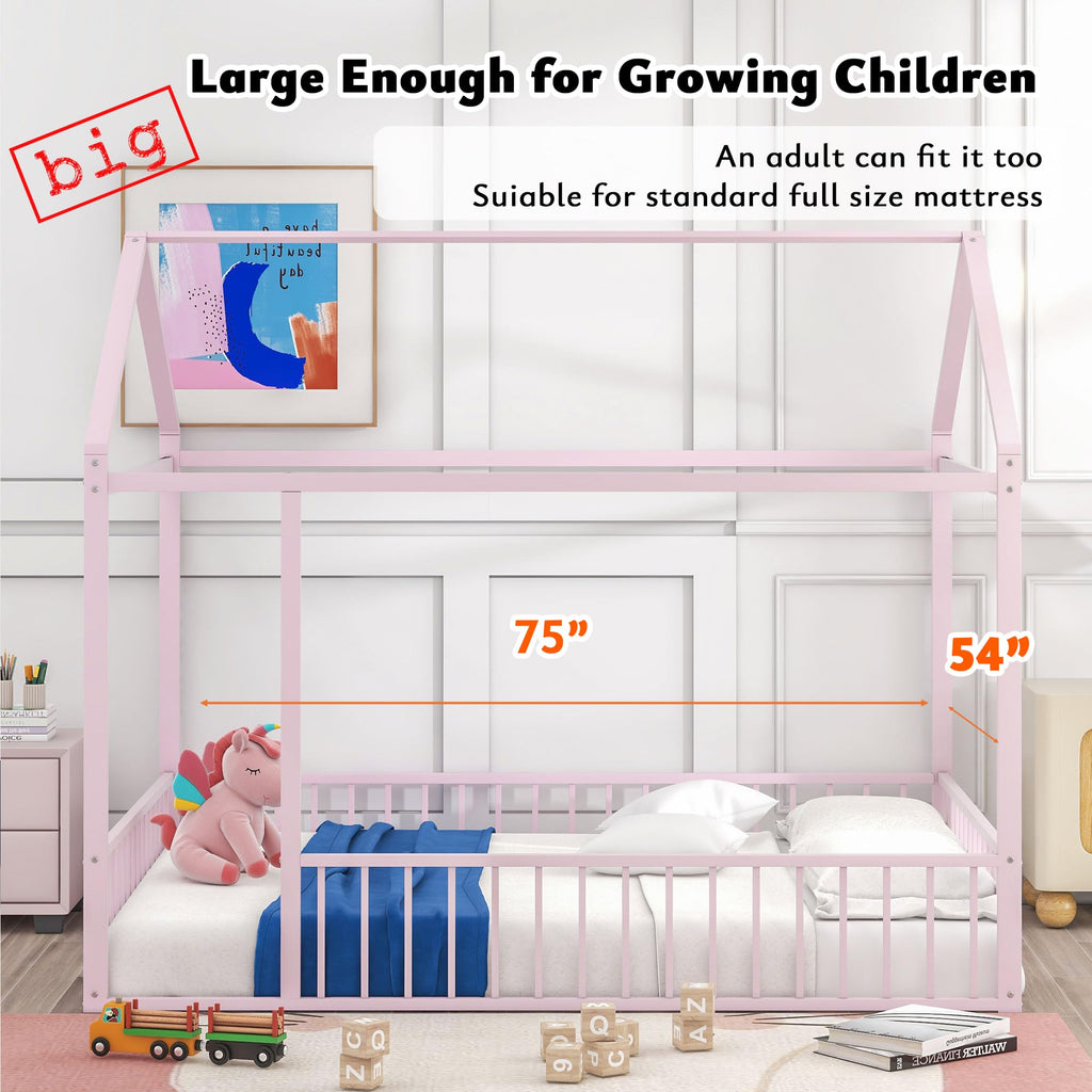 Bellemave Twin Size Montessori Floor Bed, Metal House Bed Framefor Kids, Montessori Floor Beds with Fence, Playhouse for Kids,Black