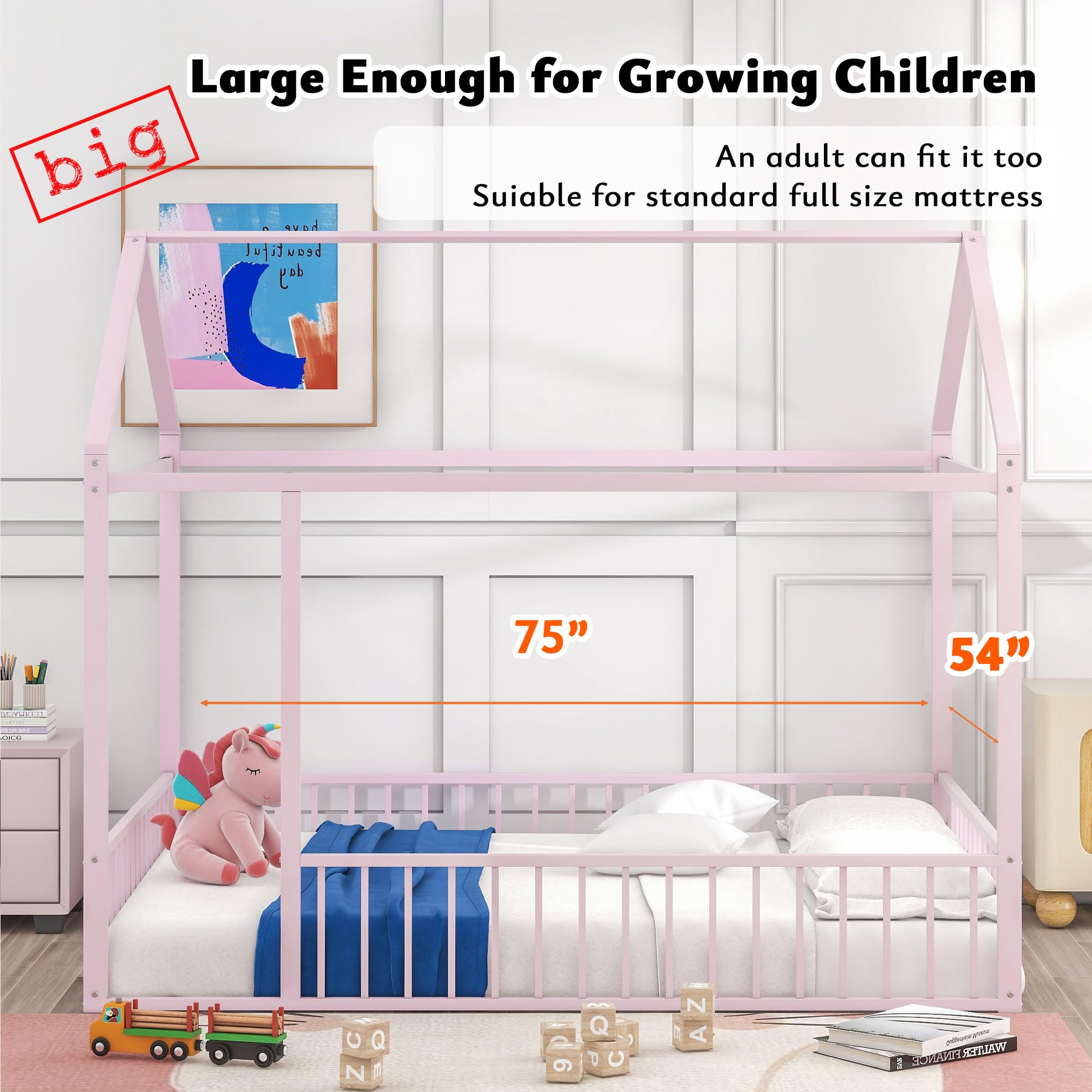 Bellemave Twin Size Montessori Floor Bed, Metal House Bed Framefor Kids, Montessori Floor Beds with Fence, Playhouse for Kids,Black