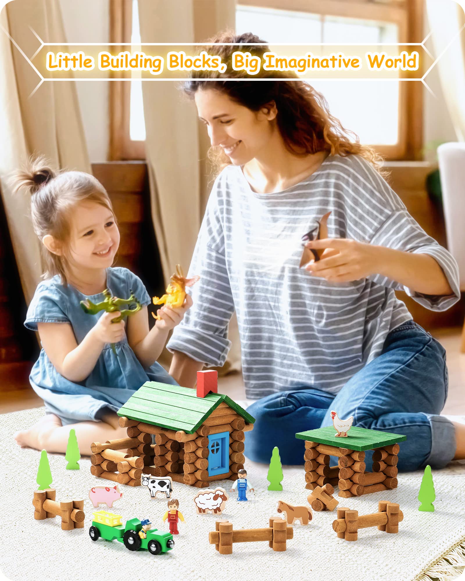 SainSmart Jr. 110 PCS Wooden Log Cabin Set Building House Toy for Toddlers, Classic STEM Construction Kit with Colorful Wood Logs Blocks for 3+ Years Old