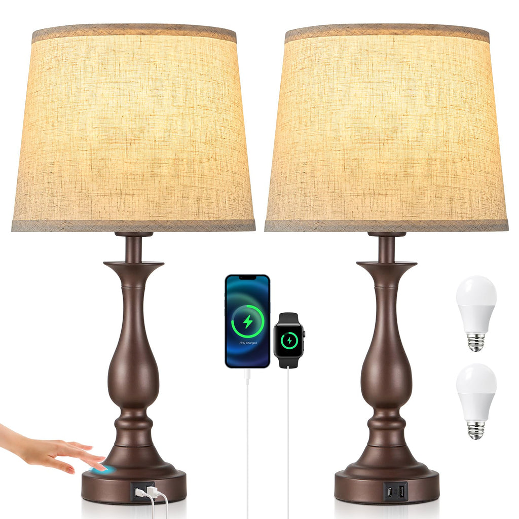 Bedside Table Lamp Touch Control Bedroom Lamps with USB A and C Charging Port 3 Way Dimmable Touch Lamps for Nightstand Living Room Bedroom Dorm Home Office Reading, Set of 2