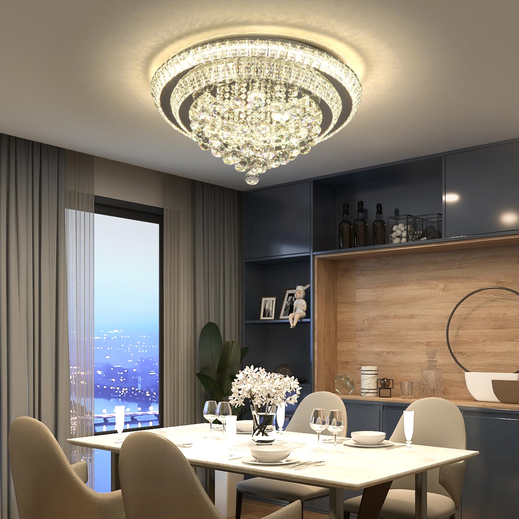 COCOSTAR 20" Gold Crystal Chandeliers, Flush Mount Chandelier LED Ceiling Light, Modern Crystal Raindrop Chandeliers for Dining Room, Living Room, Bedroom