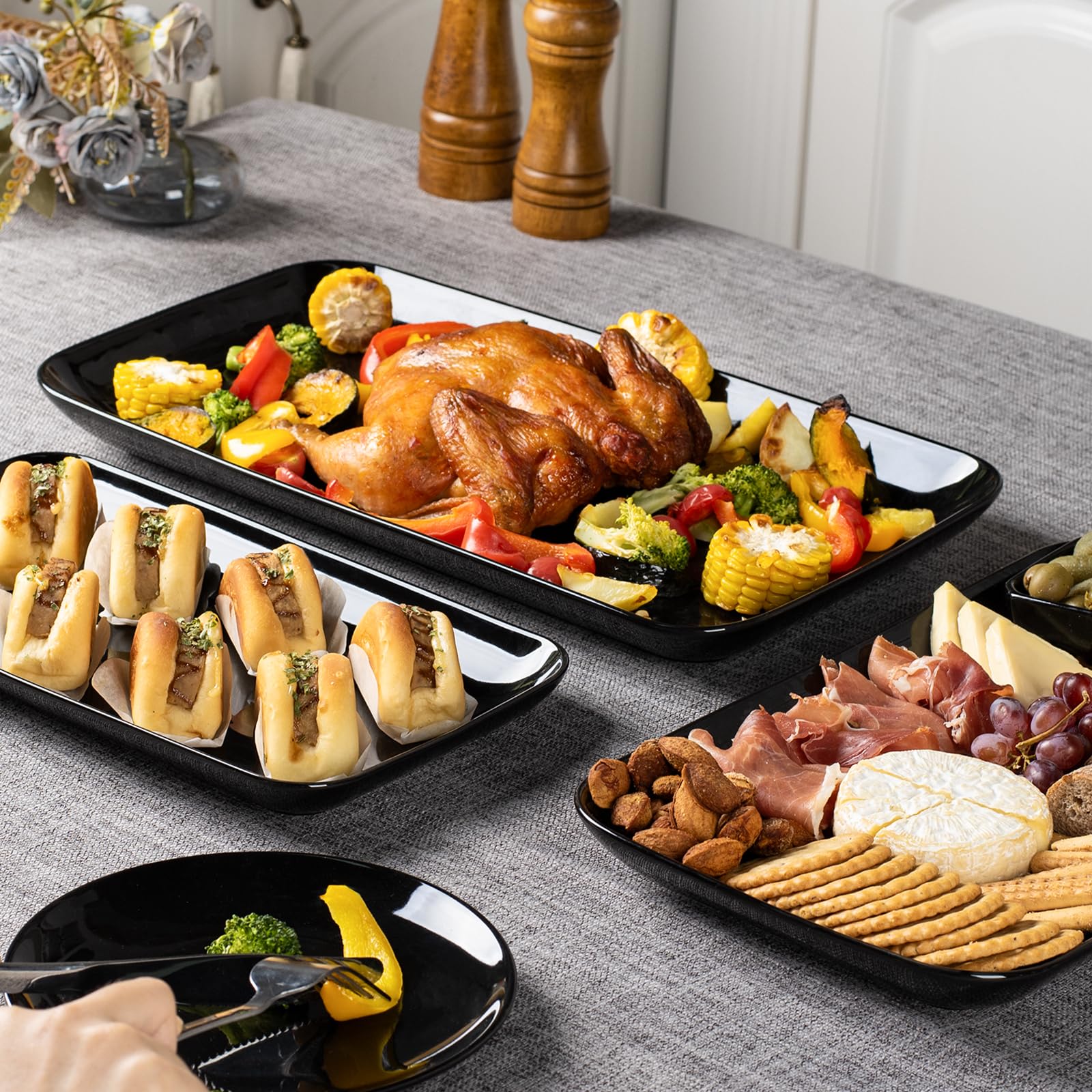 DELLING Large Serving Platter Set of 3, 16/14/12 Inch Porcelain Serving Trays for Party - Black Ceramic Rectangular Platters for Entertaining,Platter for Thanksgiving Christmas, Dishwasher Oven Safe